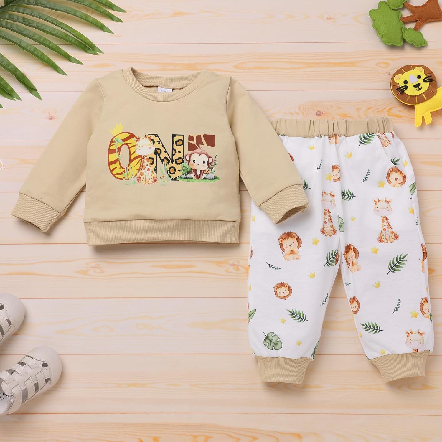 ODASDO Baby Boy 1st 2nd Safari Birthday Outfit Animal Print Long Sleeve Top Sweatshirt with Pants Set Fall Winter Clothes - Image 2