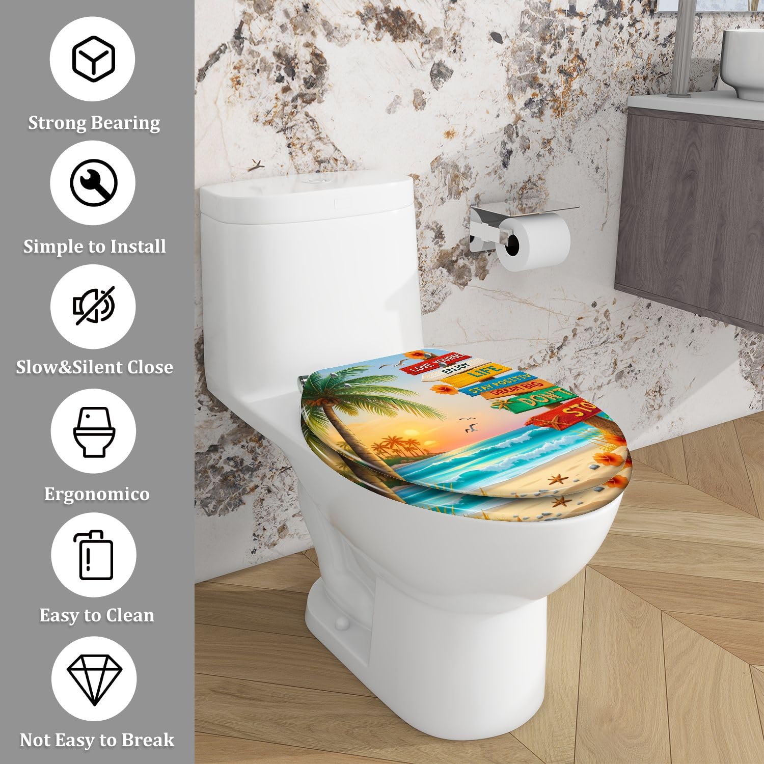 Tapa de inodoro alargada decorativa de resina para baño