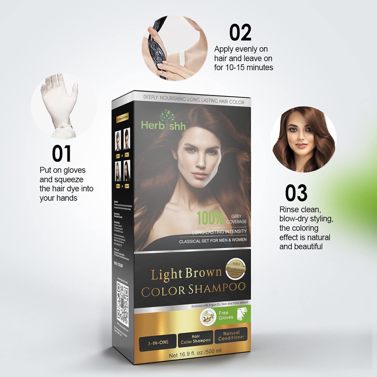 Herbishh Hellbraunes Haarfarben-Shampoo – 3-in-1 Magic Dye für graues Haar 500 ml + Universal-Haartrockner-Diffusor – verstellbar 3,5–8 cm, Drehclip für lockiges und welliges Haar, gleichmäßige Hitze
