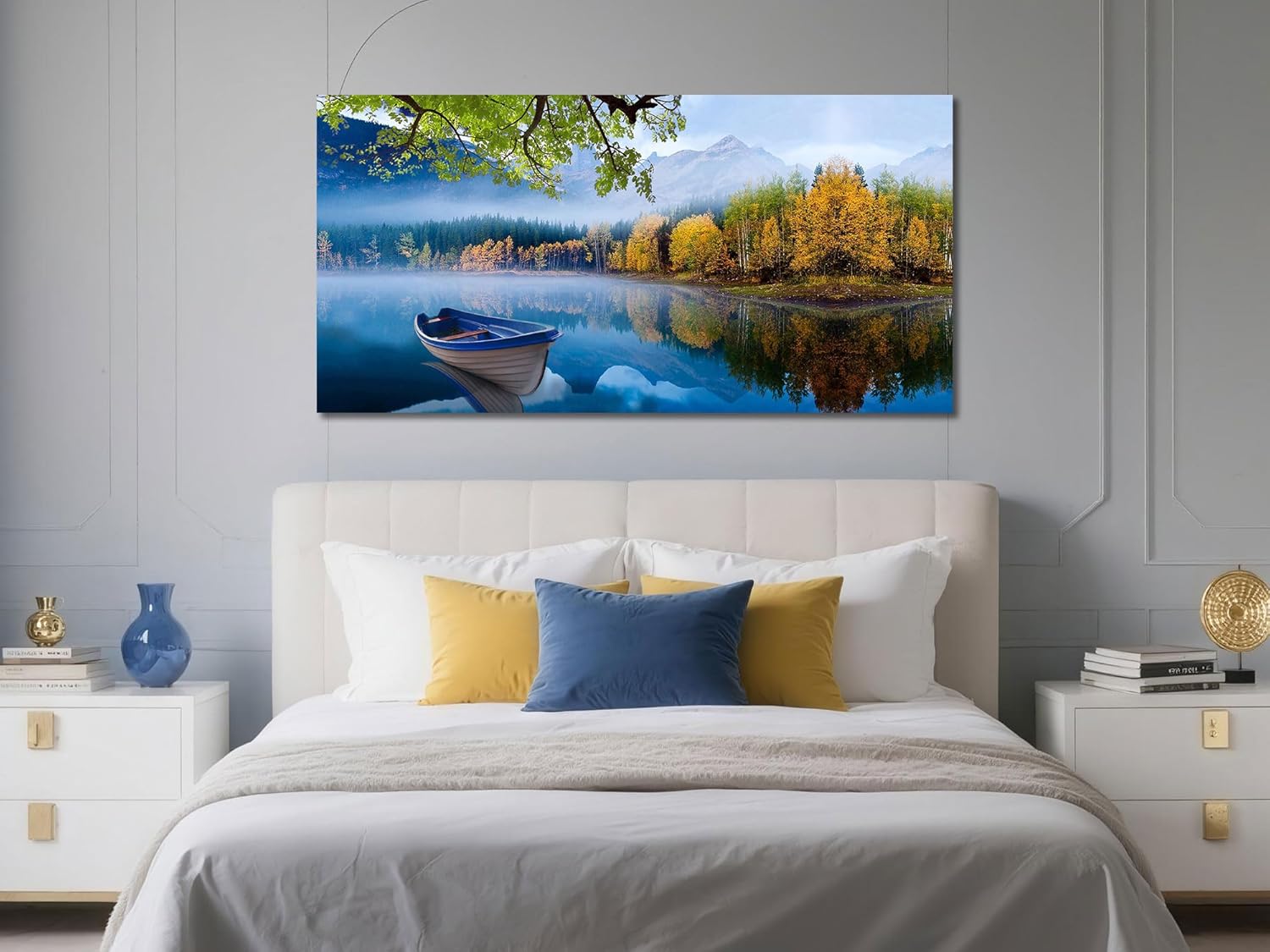 Condition photo showing New/Like New for arjun landscape wall art for living room lake canvas blue picture bedroom, nature boat artwork modern nature painting framed large home office dining room wall decor 48"x24" 48"l x 24"w blue lake