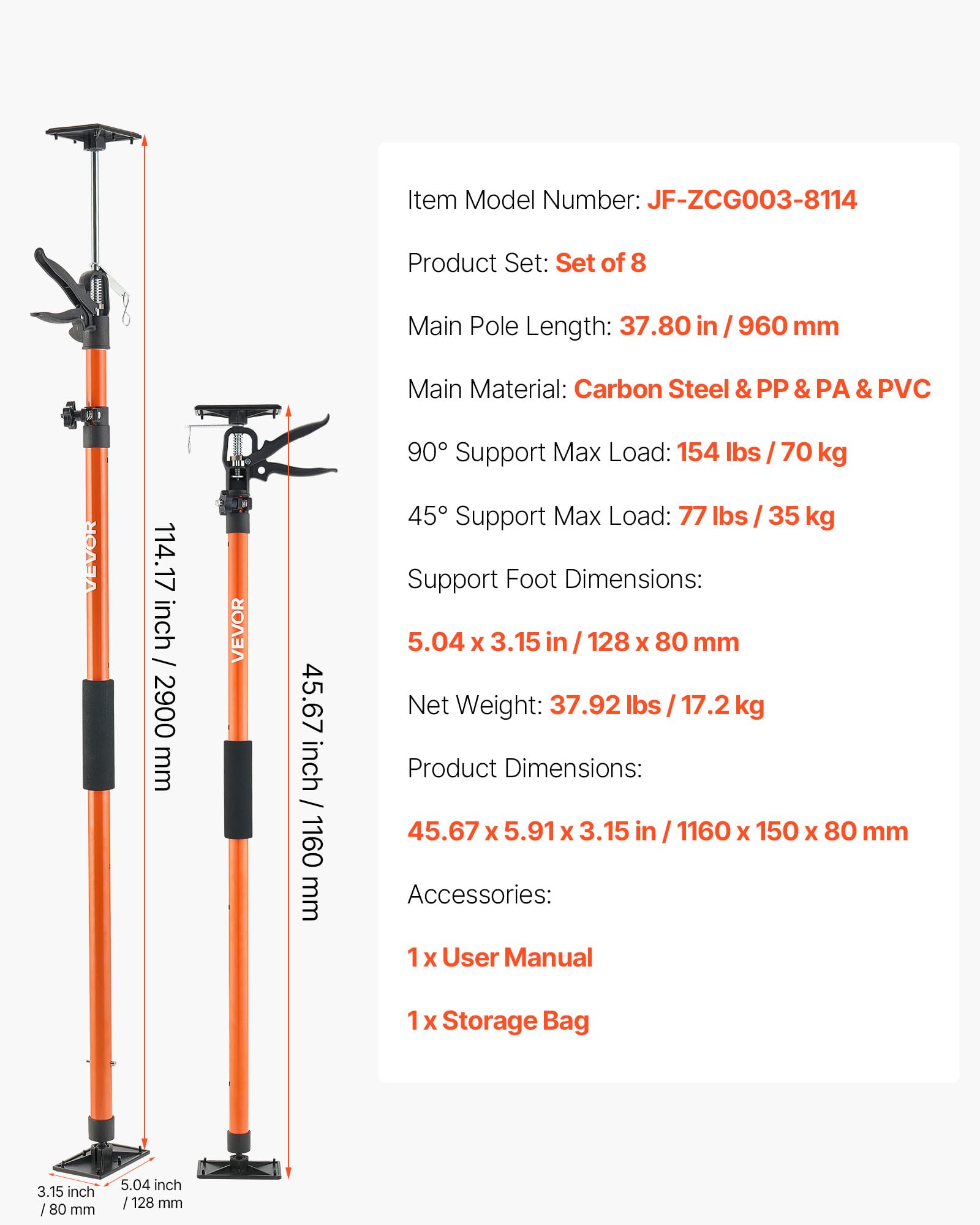 VEVOR Asta Supporto per Martinetto Installazione Armadietti, Confezione da 8, Asta di Supporto Telescopica Acciaio da 116-290 cm, Regolabile a 3 Capacità max. 70 kg per Sollevamento di Cartongesso