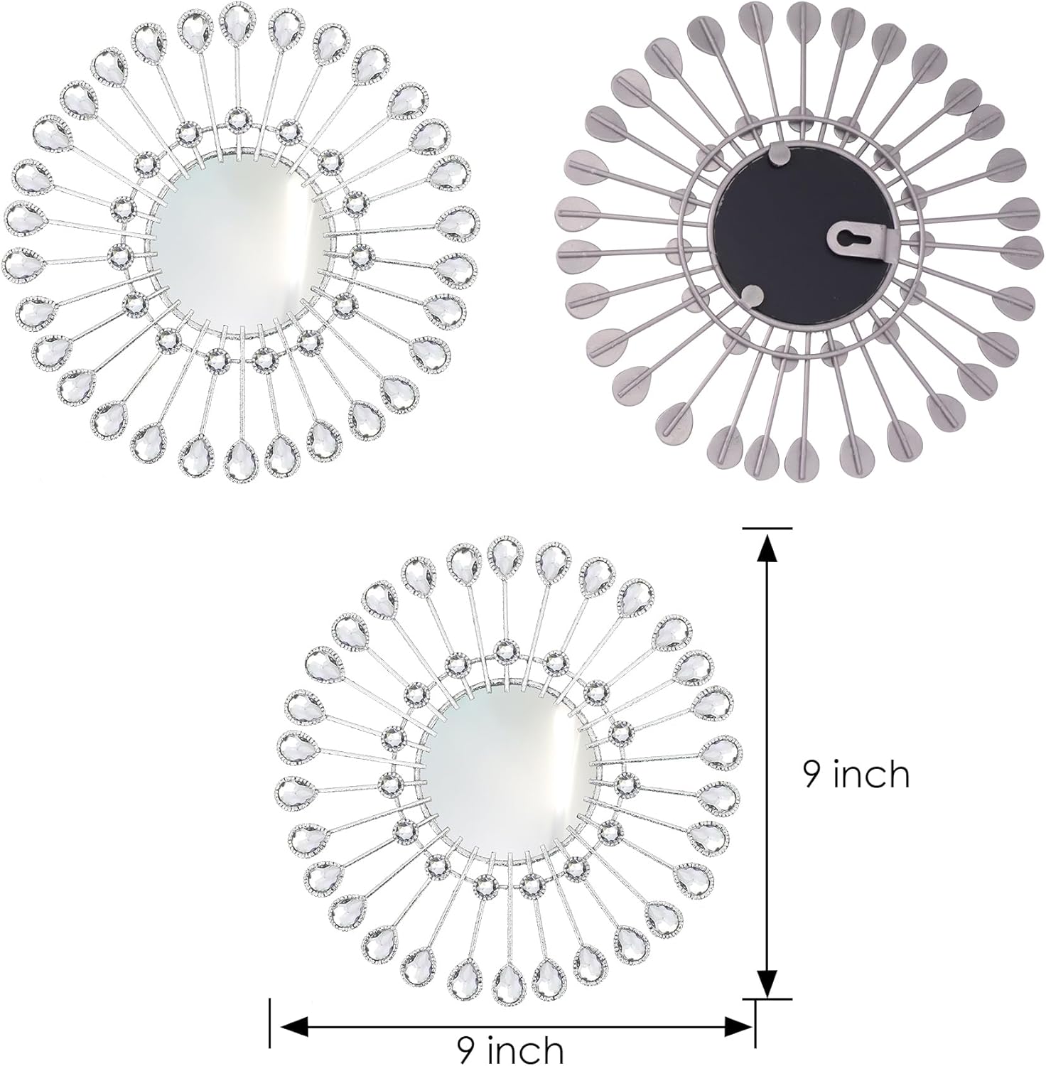3 PCS Metal Sunburst Mirrors for Wall, Decorative Rhinestones Starburst Wall Mirrors Home Décor, Metal Wall Art for Living Room Bedroom Entryway (Silvery)