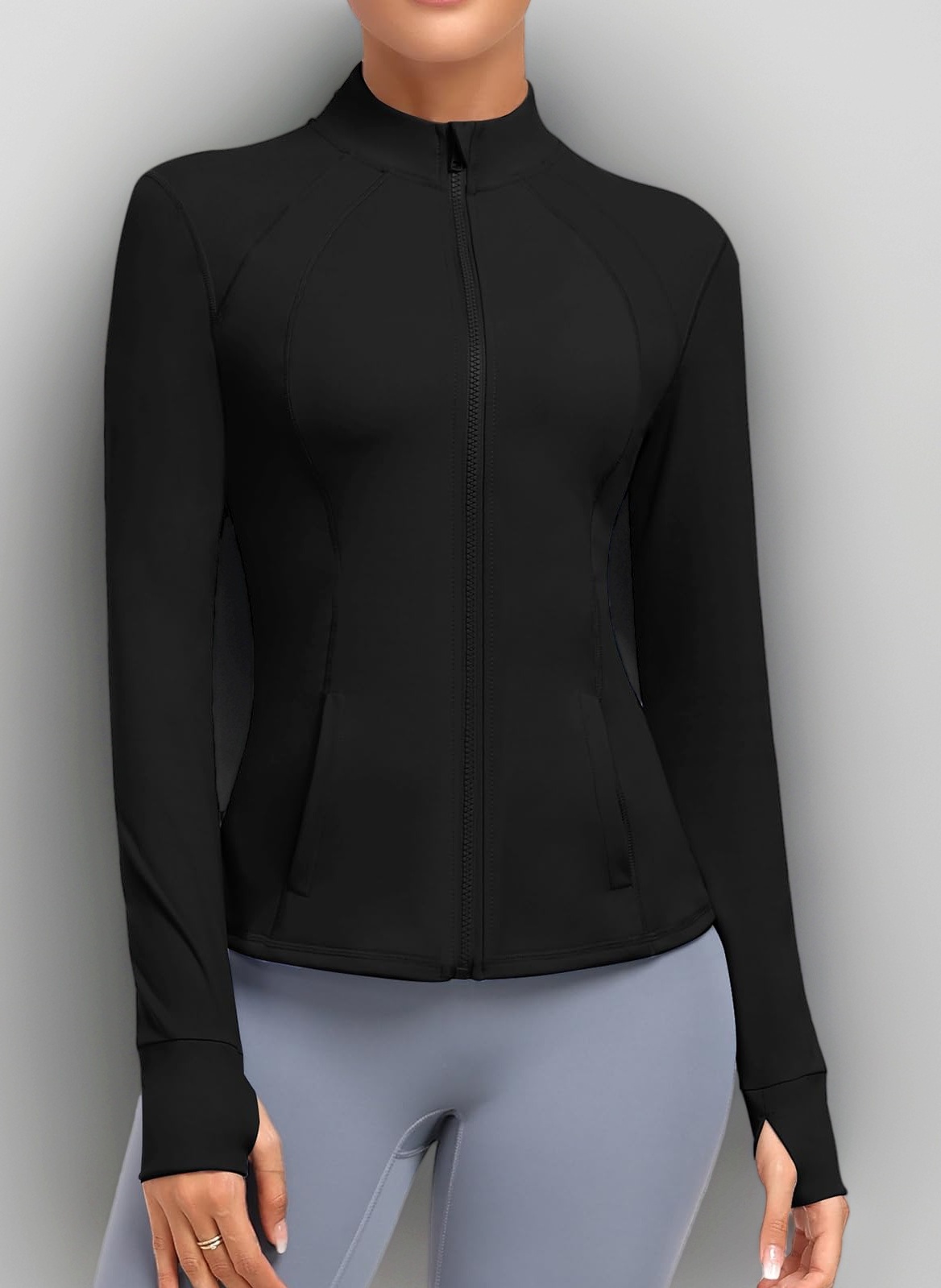 Women's Athletic Full Zip Lightweight Workout Jacket With Pockets Running Slim Fit Yoga Sportwear With Thumb Holes