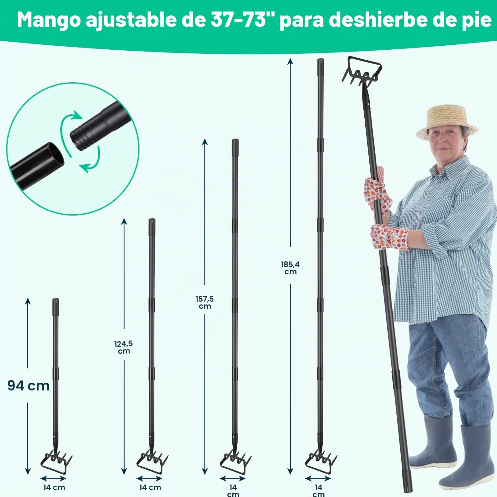 Herramienta de deshierbe para jardín con soporte para jardín con anillo ajustable, mango largo de 183 cm, ajustable