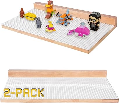 Tapeera Large Wooden Minifigure Display Shelf - Floating Shelves Compatible with Lego Minifigures, Building Brick Sets - Large 48x24 Studs Baseplate Wall Mount Display Case for Kids Room White, 2-Pack