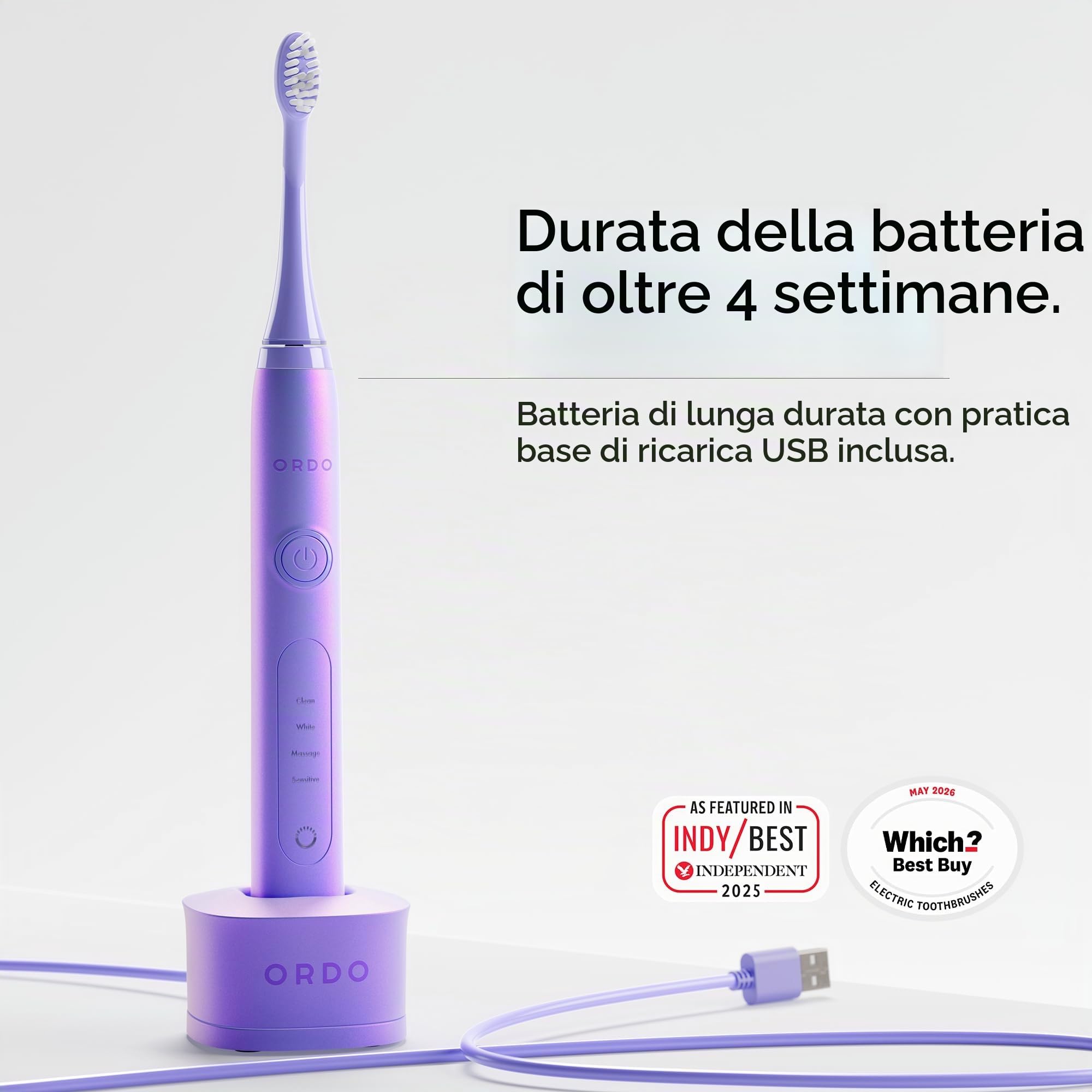 ORDO Sonic+ Spazzolino Elettrico per Adulti, 4 Modalità, Viola Perla | Spazzolino elettrico sonico ricaricabile, 4+ settimane di autonomia, caricatore USB, sbiancamento denti, rimozione placca
