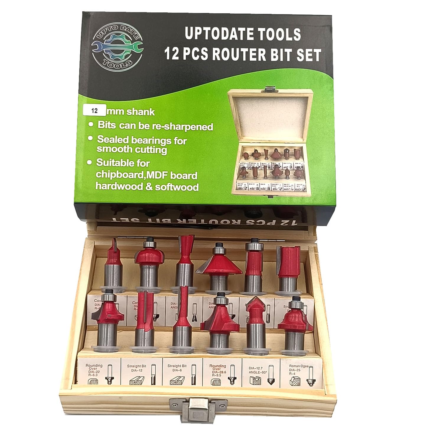 12mm Shank 12Pcs Router Bits Set 1/2 Inch Shank - 12 Pieces 1/2" Tungsten Carbide Router Bits, Woodwork Tools Router Bit Set Trimming Straight Corner Beading Bits for Wood Milling Cutter-image-5