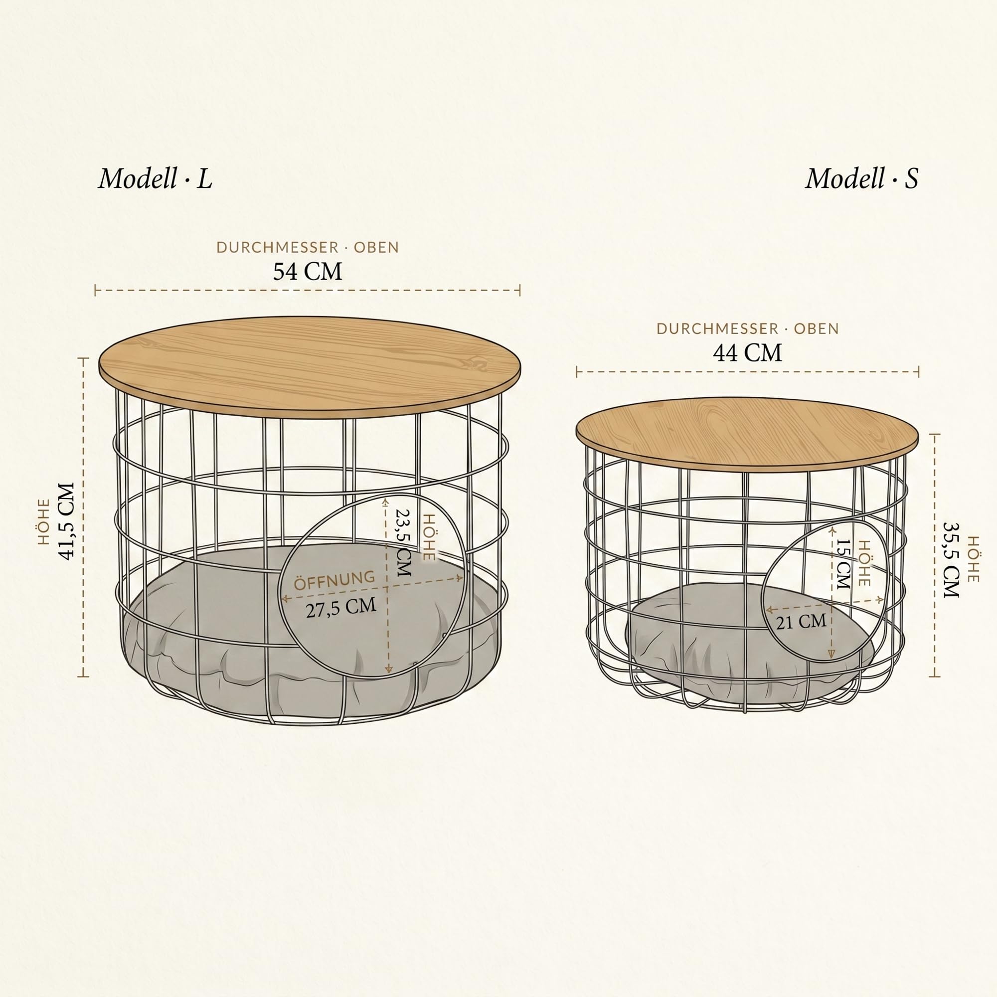 Beistelltisch 2er Set Katzennest mit Kissen, Couchtisch rund Metall Holz Industrial, Sofatisch mit Abnehmbarer Holzplatte, Katzenkorb Möbel 54 und 44 cm, Schwarz Eiche
