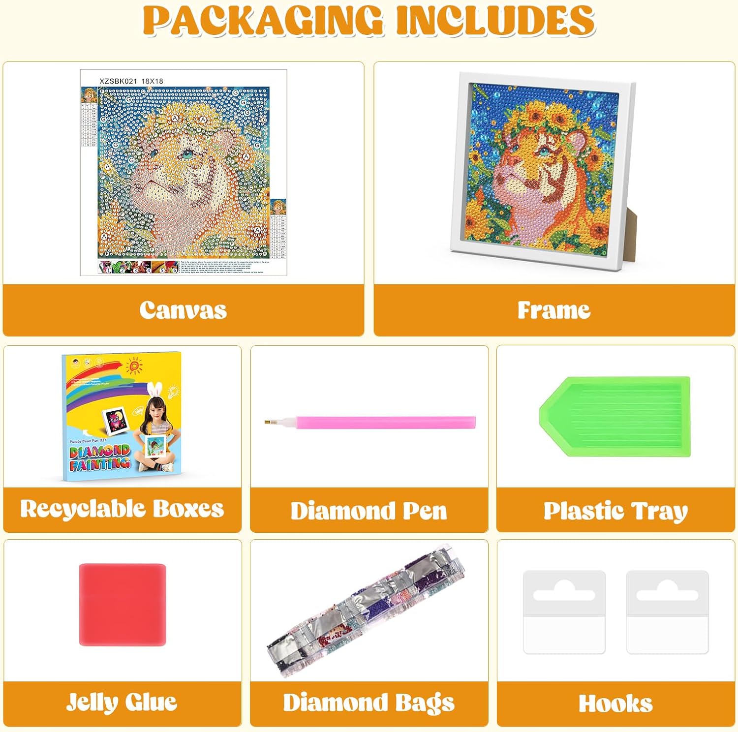 RICUVED Tiger Diamond Art Painting Kits for Kids, Animal Diamond Art Kit with Frame for Adults Beginners, Sunflowers DIY Mosaic Gem Kits Ages 6-8-12 Art and Crafts for Gift Home Decor 7.1x7.1inch image 4