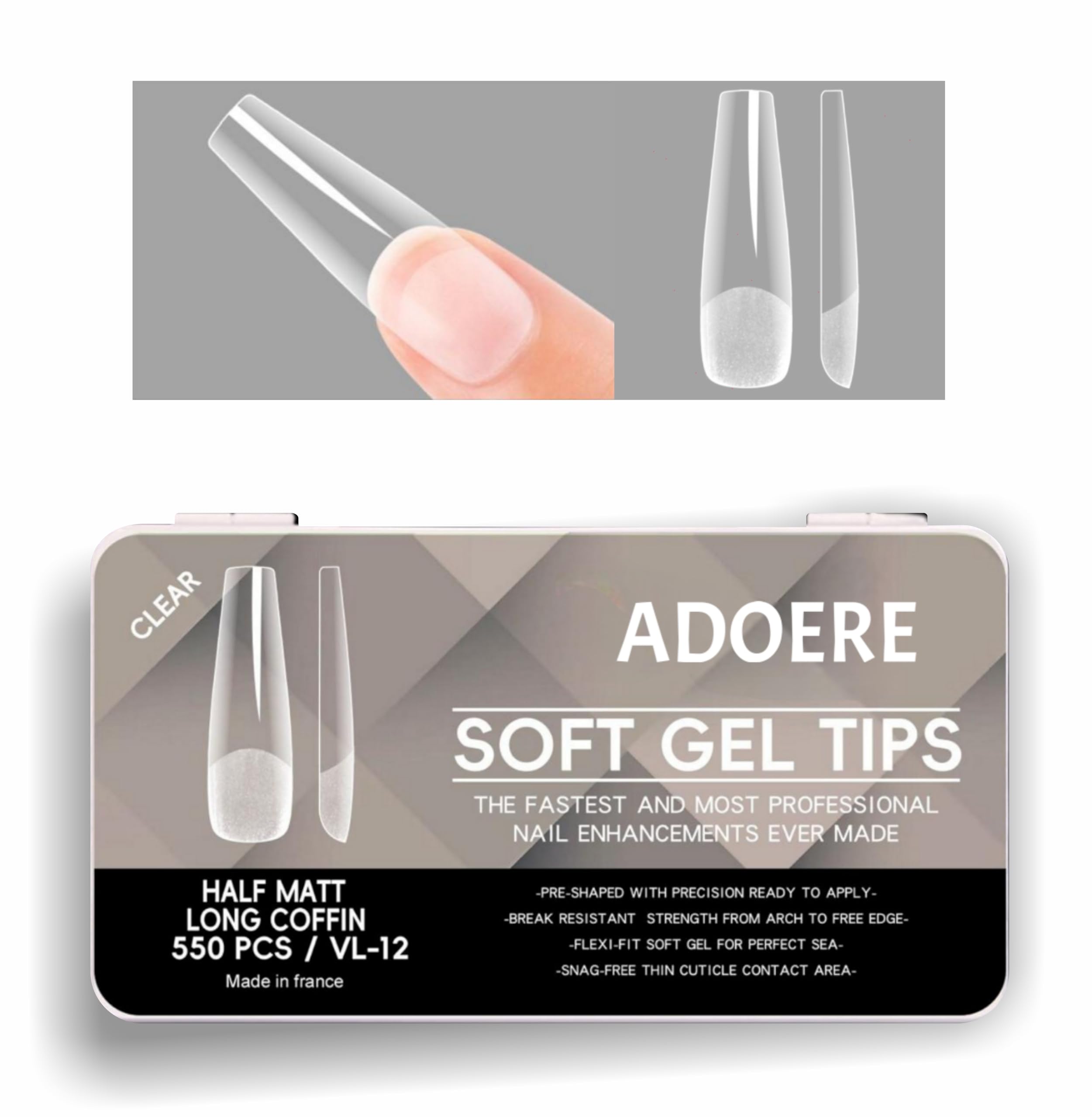 550 Pieces Soft Gel Clear Nail Tips, Stiletto Shape, Medium Size for Extensions, DIY Nail Art, Modern Theme (Half Matte Long Coffin)