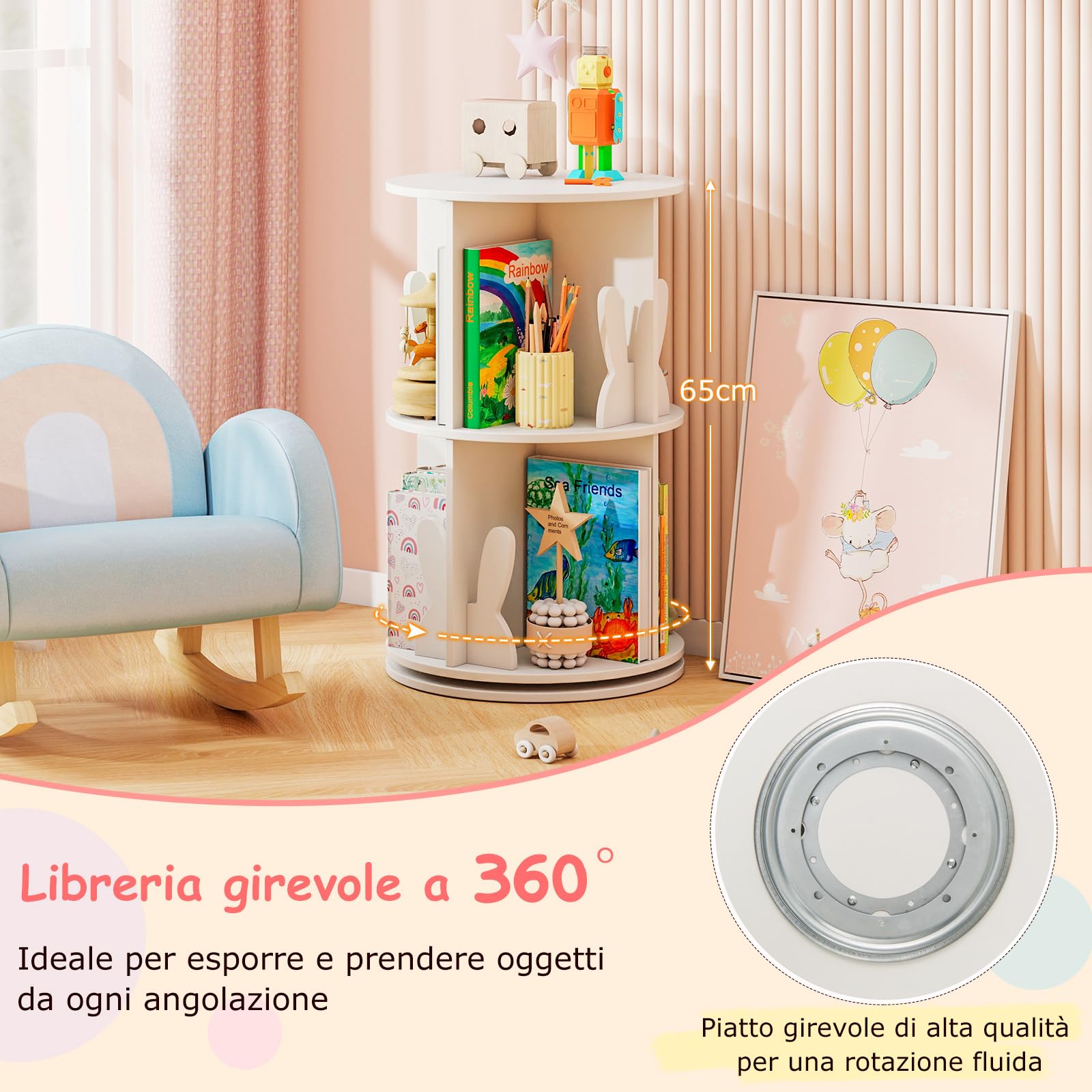 RELAX4LIFE Libreria Scaffale Girevole per Bambini, Porta Libri Rotante a 2 Livelli, Libreria in Legno per Soggiorno, Camera da Letto e Studio, 40 x 40 x 65 cm (Coniglio, Bianco)