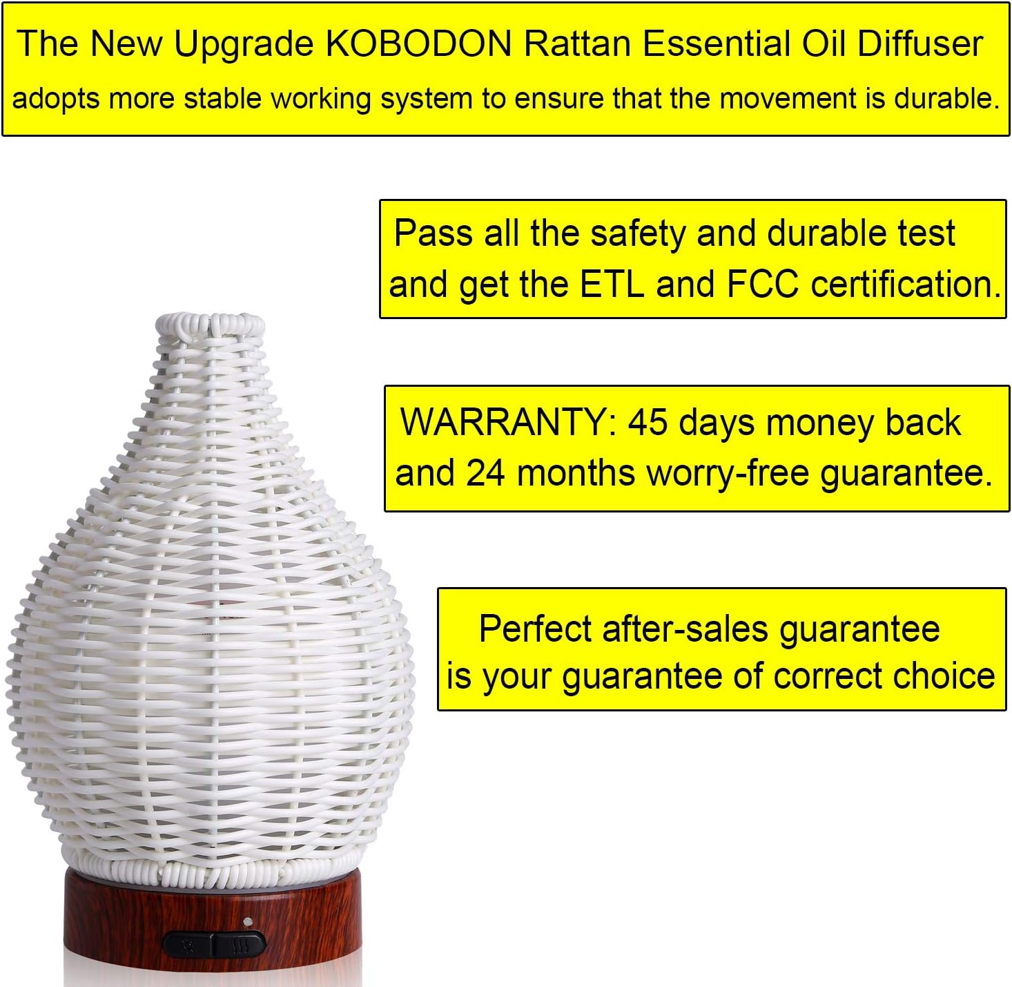 kobodon Essential Oil Diffuser,Rattan Aroma Mist Humidifiers,Aromatherapy Diffusers with Waterless Auto Shut-Off Protection for Home,Office,Yoga,SPA