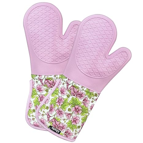 Alselo Silicone Oven Mitts Heat Resistant 500 with Waterproof & Non-Slip Kitchen Mittens, Set of 2 Extra Long Oven Gloves with Soft Quilted Cotton Lining for Baking Cooking Barbecue