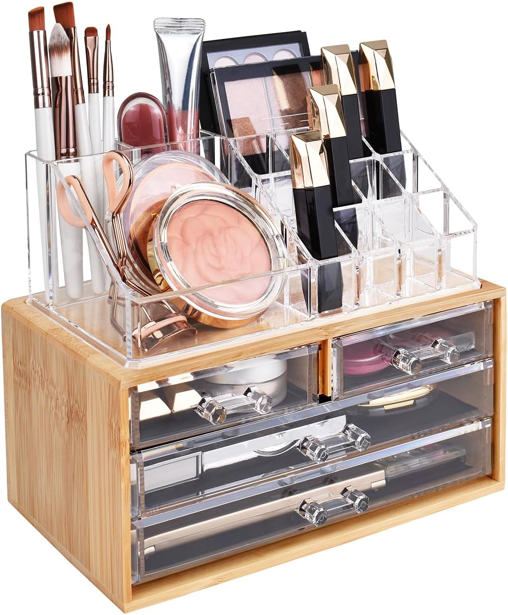 Ikee Design Bamboo Acrylic Makeup Organizer with 4 Drawers and Removable Top Lipstick Holders, Ideal for Make-up or Accessories,Enhance Your Vanity or Bathroom with Clear Design for Quick Visibility