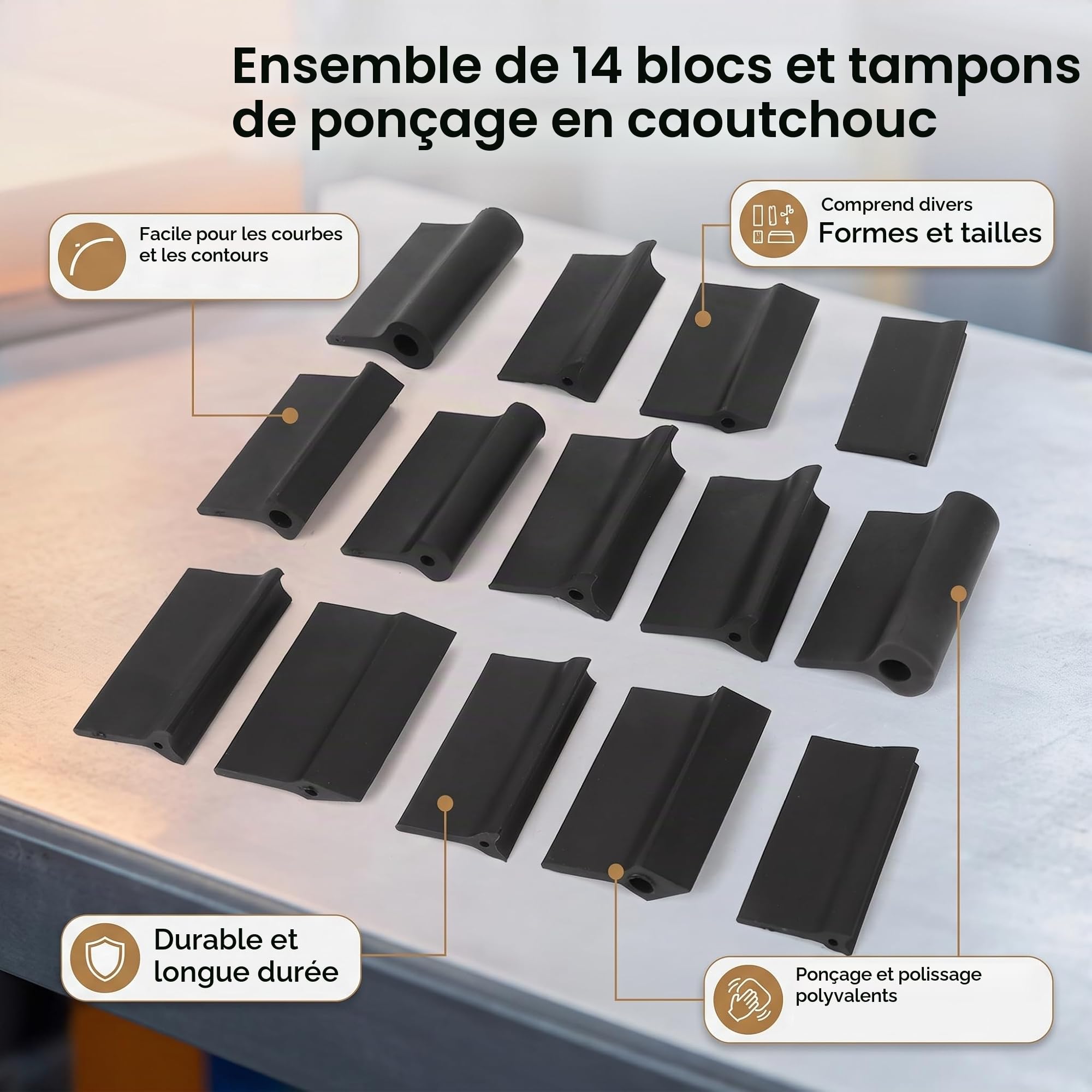 Garosa Bloc ponçage flexible 14pcs caoutchouc noir