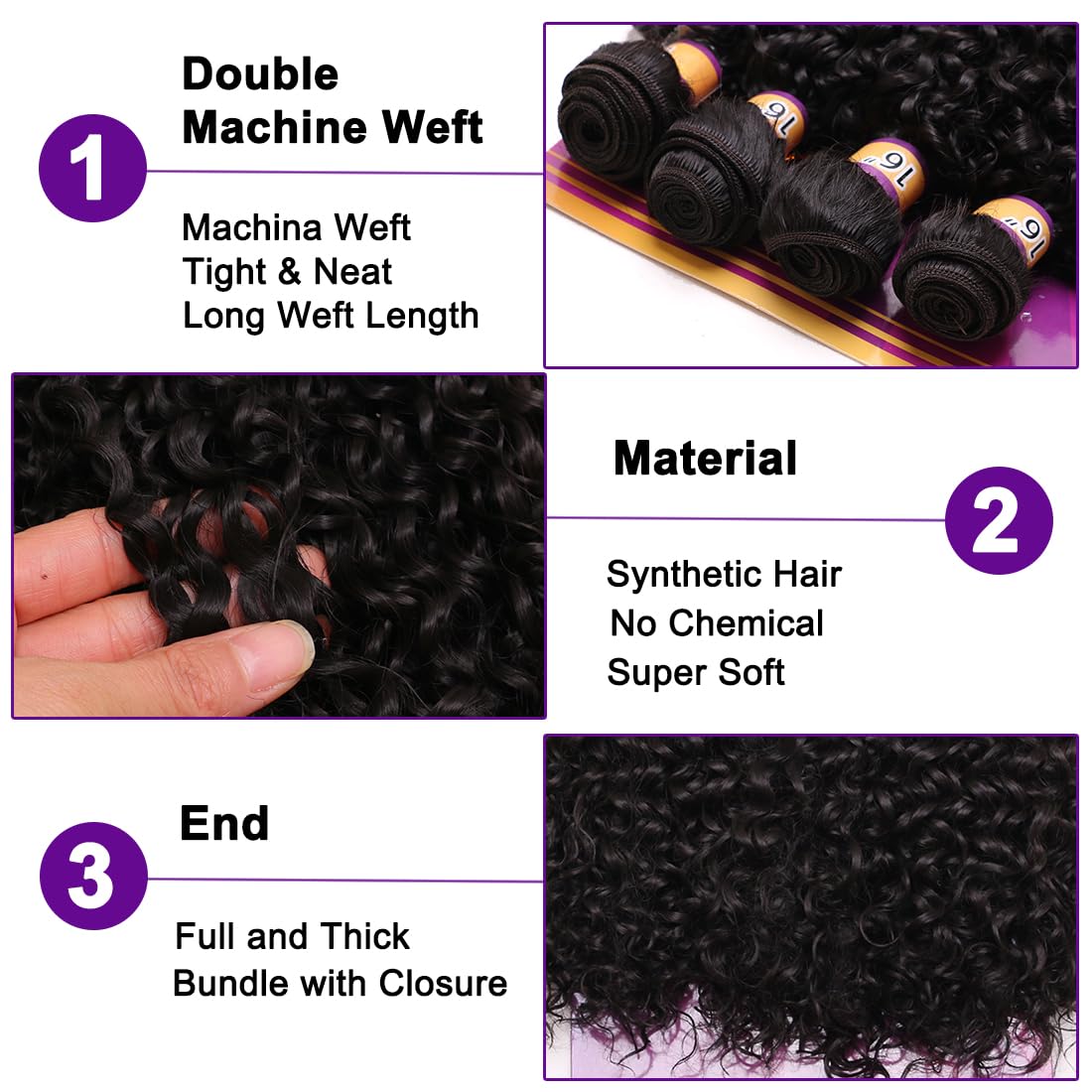 Afro Kinky Curly Bundles Synthetic Quick Weave Curly Hair Bundles High Temperature Fiber Hair Extensions for Women Natural Black Color 16 Inches 4Pieces(Color 2#)