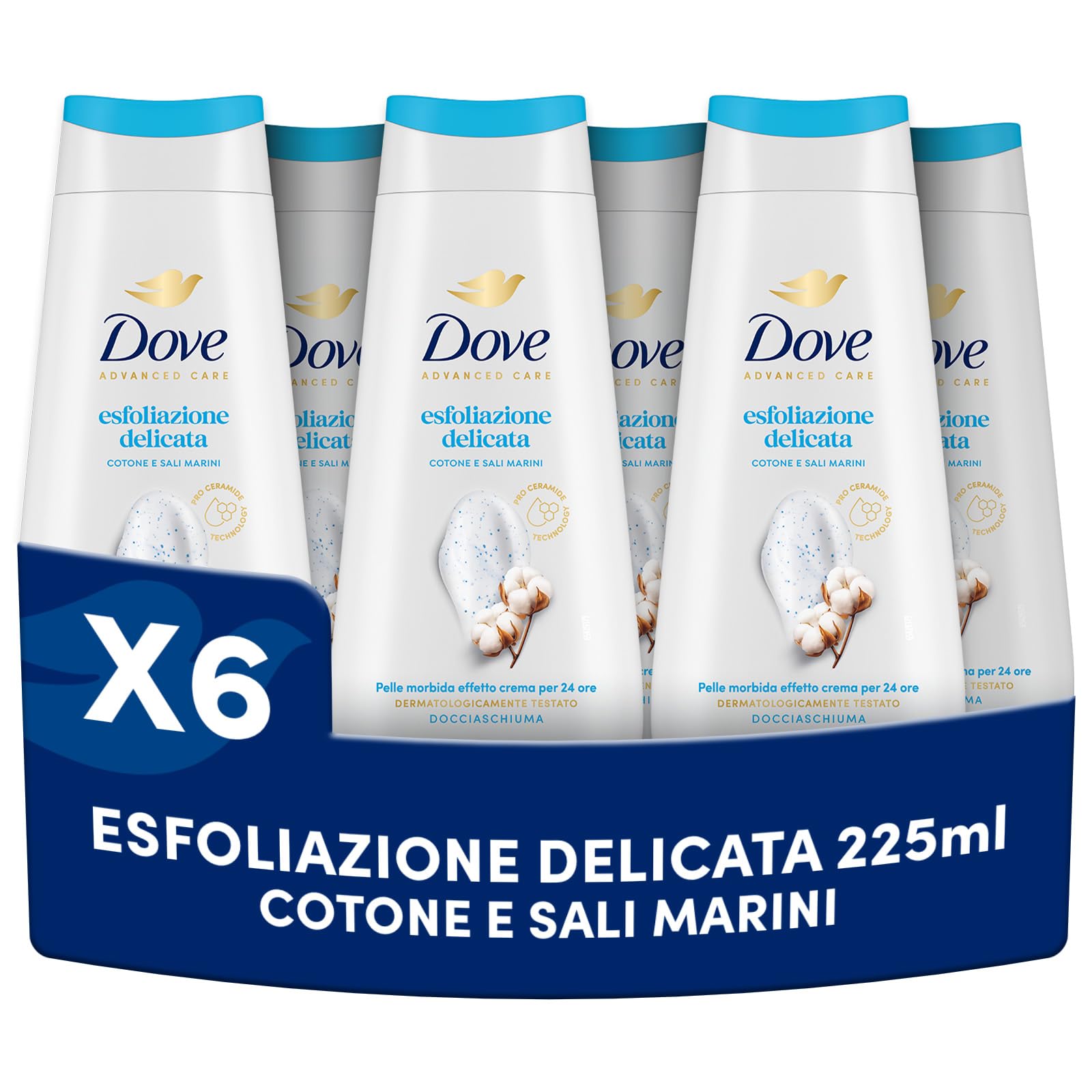 Dove Docciaschiuma Esfoliazione Delicata 225 ml, Esfoliante con Minerali, Gel Doccia Idratante con Pro-Ceramide, Detergente Corpo Delicato per Pelle Morbida e Liscia, Body Wash