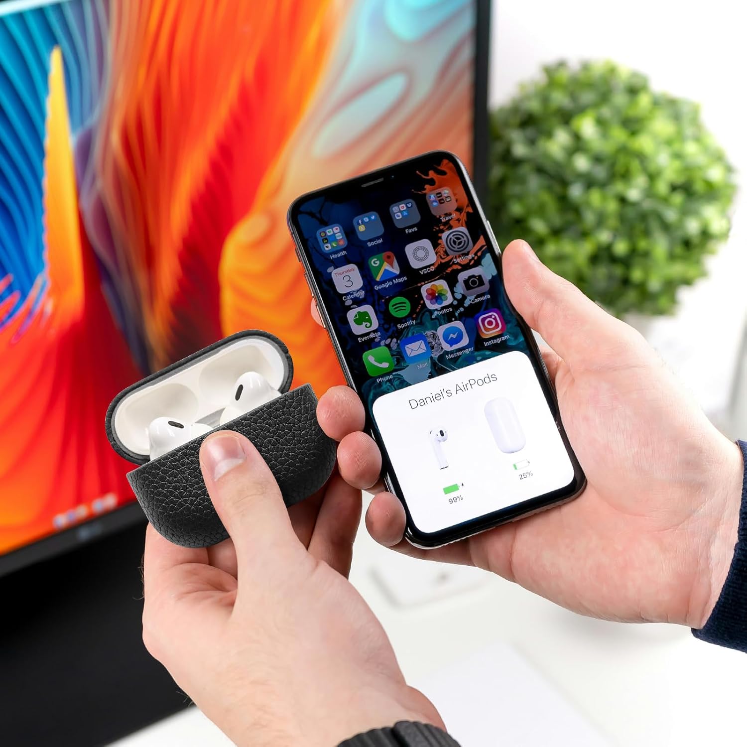 LUCKYCOIN for AirPods Pro Case,Authentic Pebble Leather,Compatible with Magsafe Wireless Charging,Front LED Visible,Handmad Series,Cover Shockproof Shell Dust/Dirt Proof Case-Black