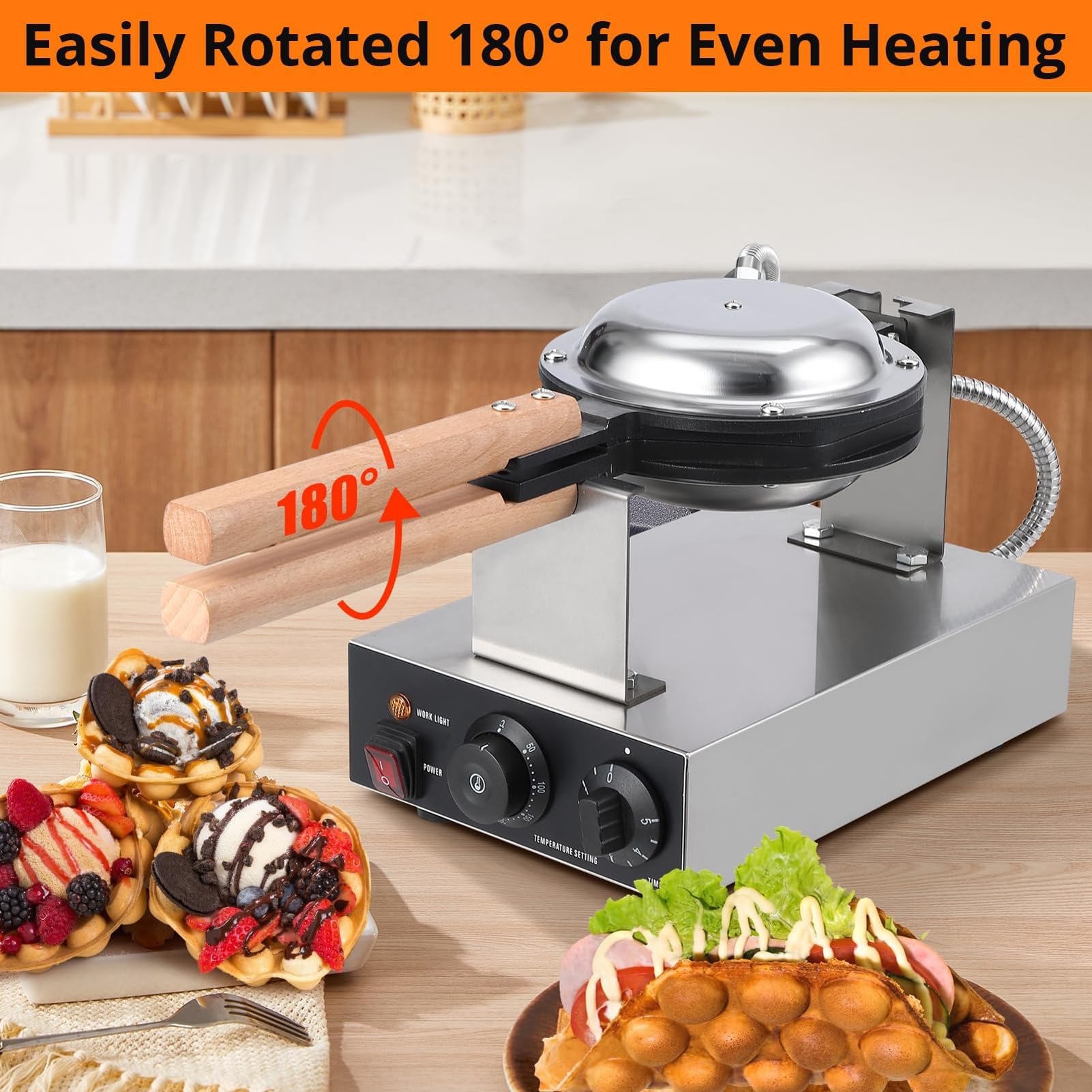 Bubble Waffle Maker de Estilo de Hong Kong 1400W/2800W,Sarten Gofres Girario Máquina de Gofres de Forma Huevo para Uso doméstico y Comercial,Single Head