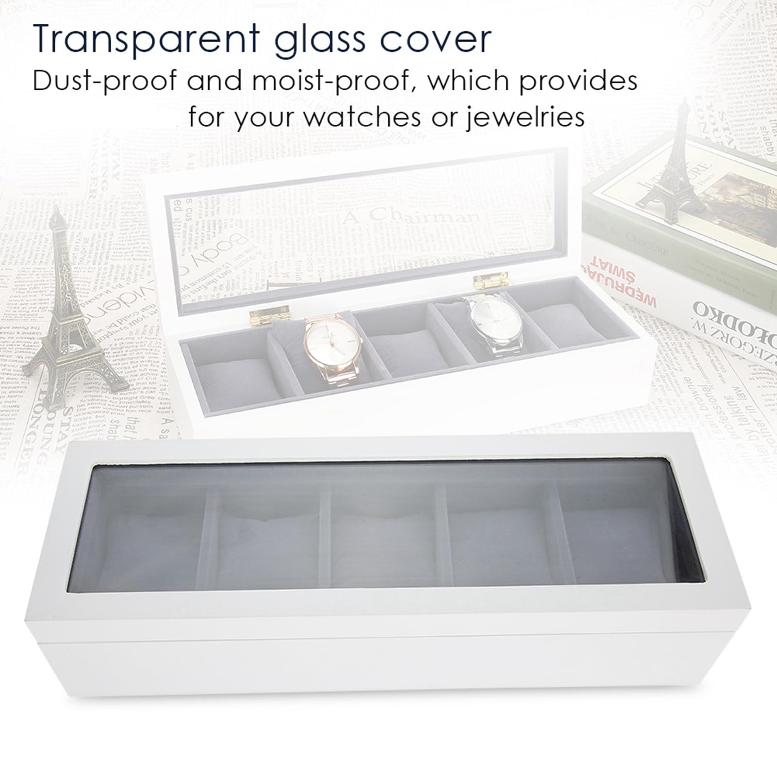 Caja de Almacenamiento de Relojes de 5 Rejillas con Almohadas Suaves para Exhibir Relojes y Joyas en un Diseño Elegante para Uso Doméstico o Tienda de (WHITE)