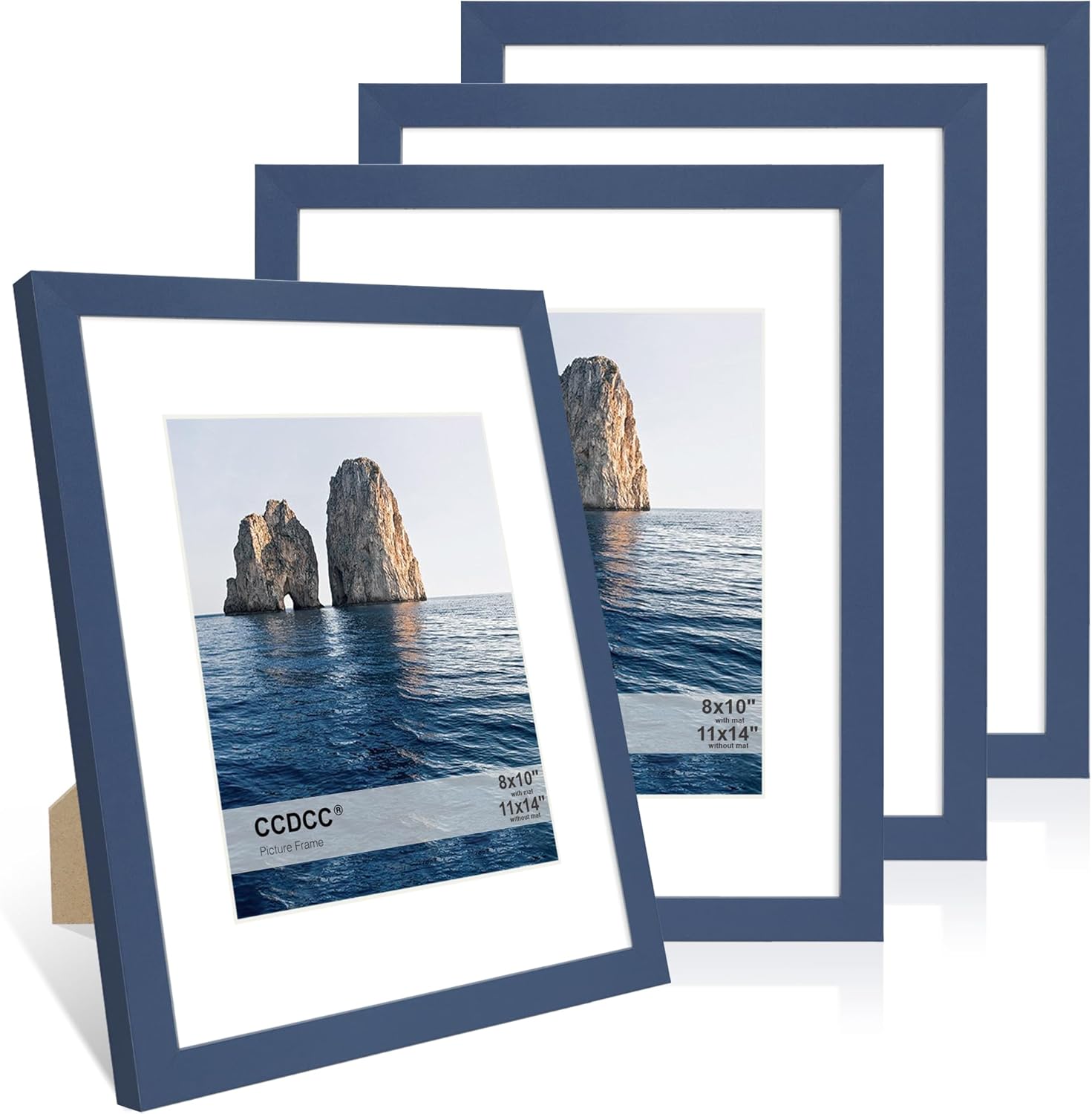 11x14 Picture Frame Set of 4, 11 x 14 Wood Photo Frames with Mat for 8x10, Natural Wooden Frame with Real Glass Cover for Wall and Tabletop Display,Blue