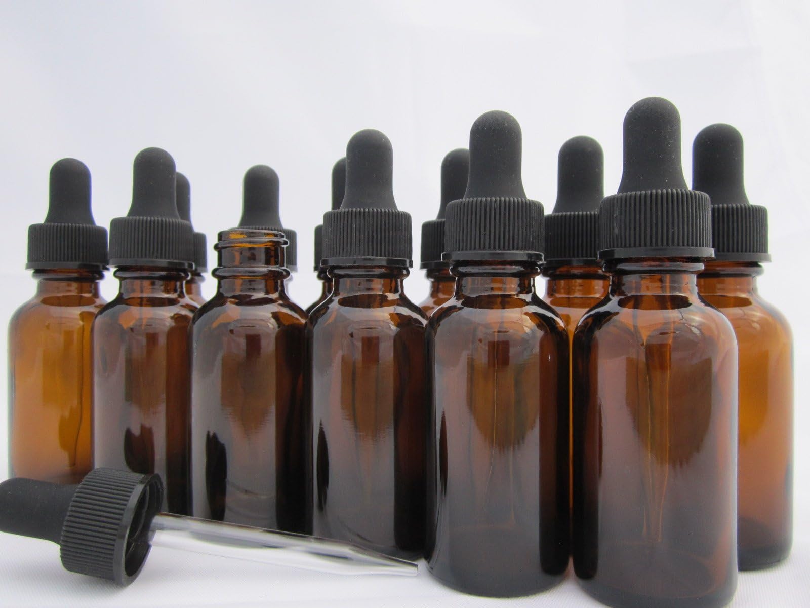 DropperStop™ 1oz Amber Glass Dropper Bottles (30mL) with Tapered Glass Droppers - Pack of 12