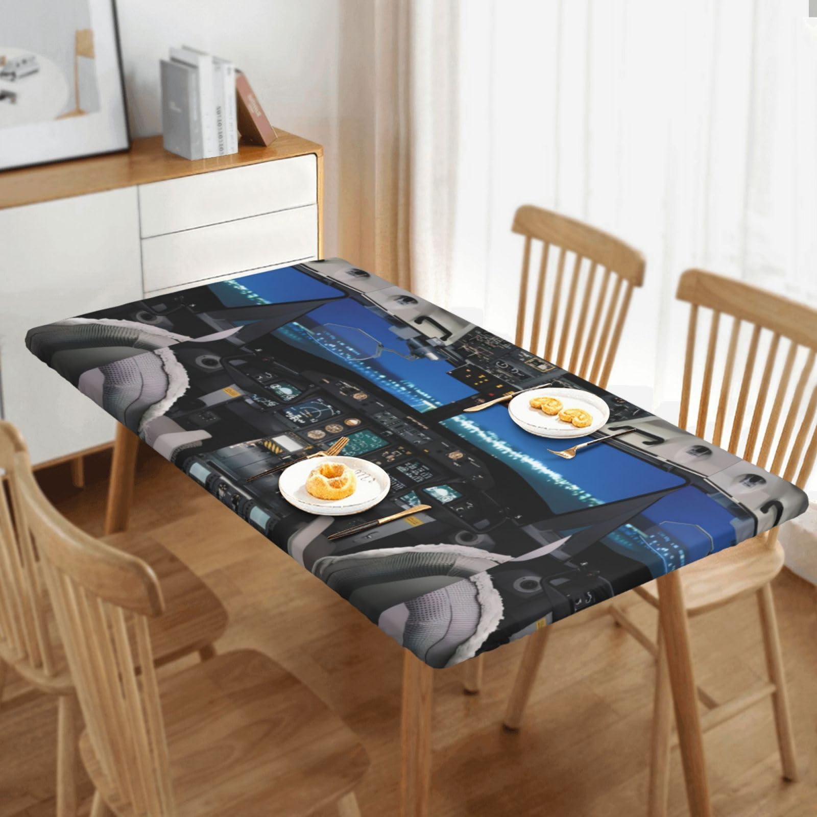 Naluecess Airplane Cockpit Elastic Edged Table Cover Rectangle Table Cloth Waterproof For Picnic Camping,76cmx152cm Airplane Cockpit