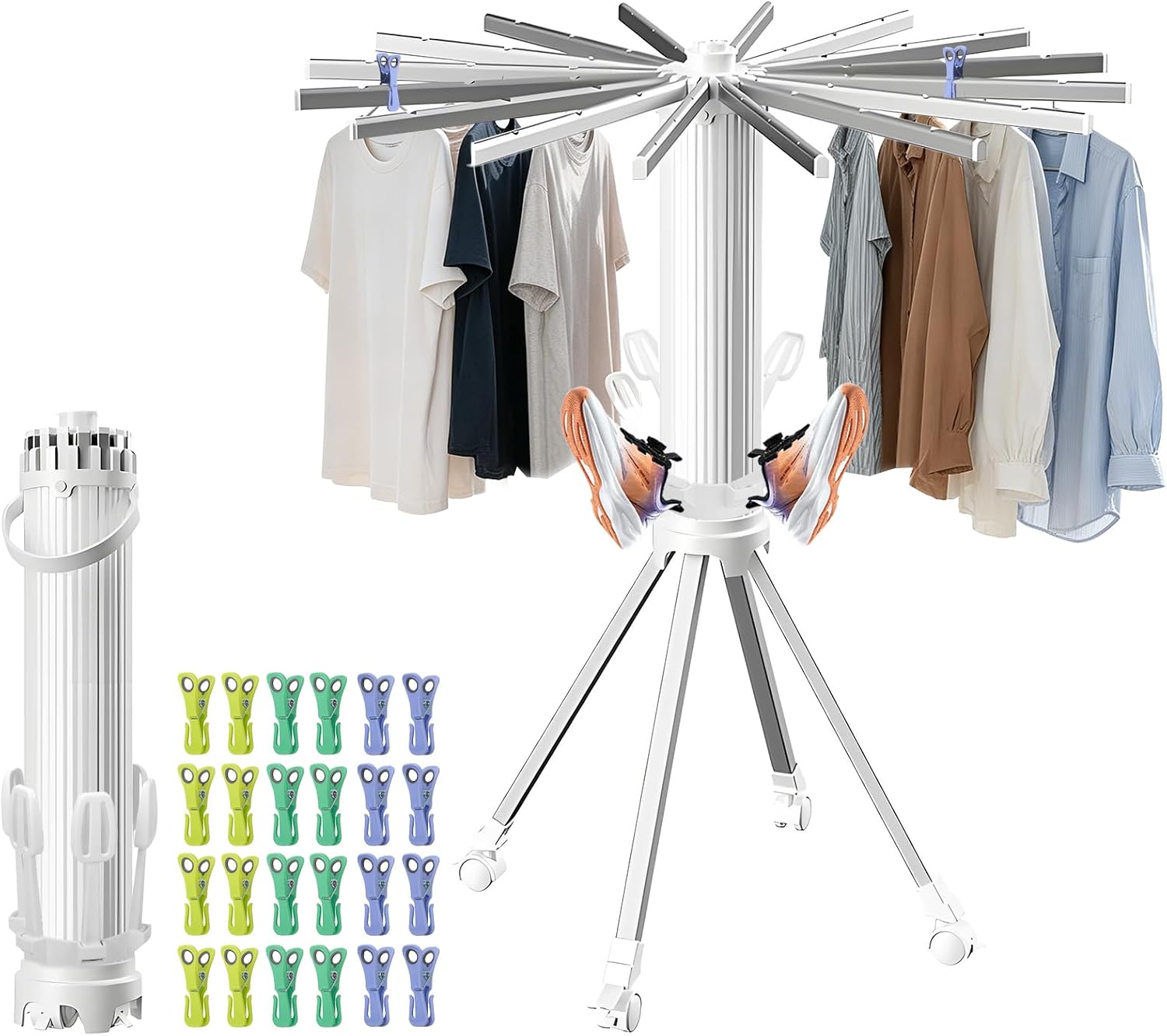 Foldable Carbon Steel Laundry Rack with 6 Shoe Holders 24 Clothespins, Space-Saving Tripod Clothes Drying Rack with 4 Legged Base, Portable Indoor Garment Drying Stand for Apartment, Balcony