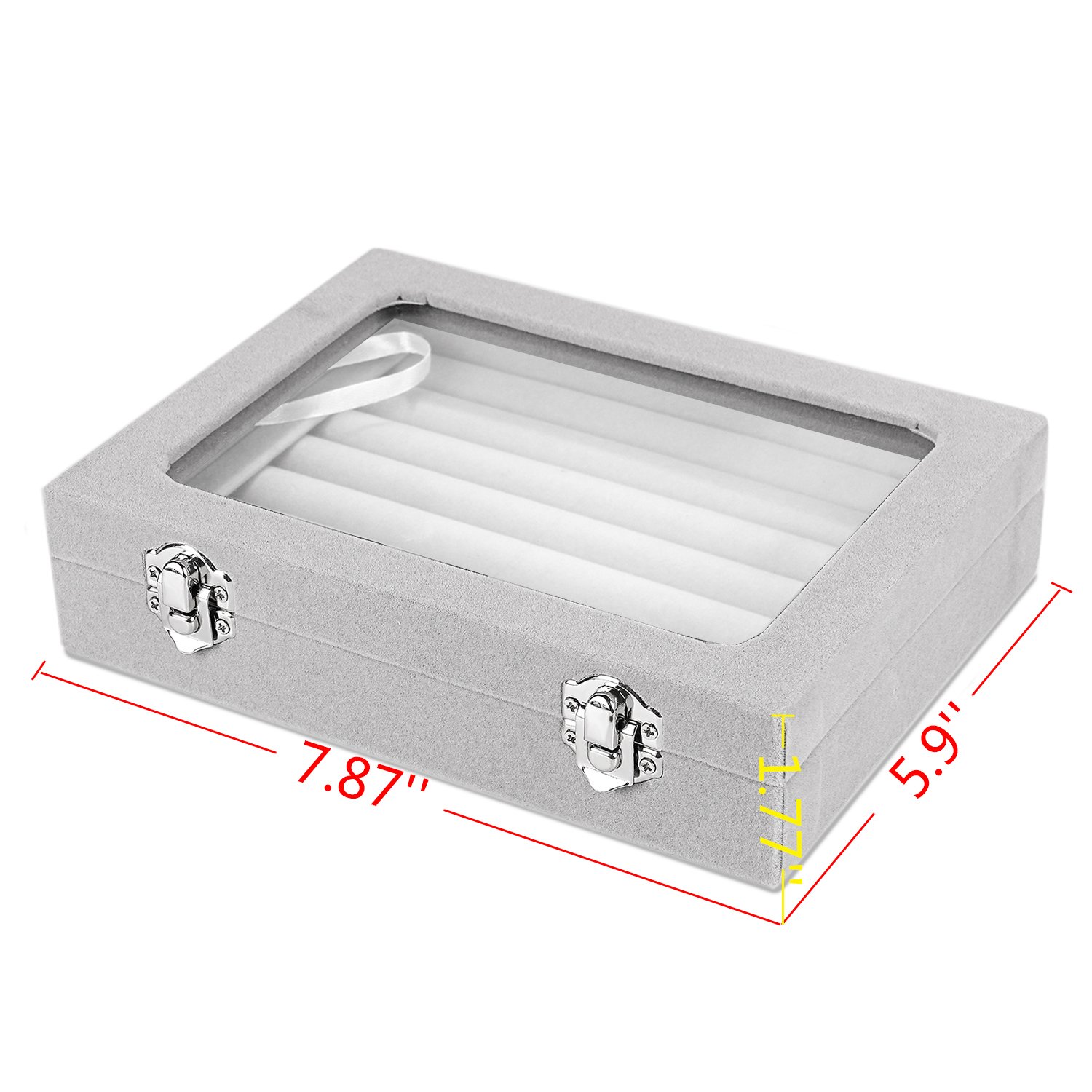 Plateau Rangement 7 Emplacements Bagues Velours Gris - Organisateur Bijoux Avec Couvercle Transparent