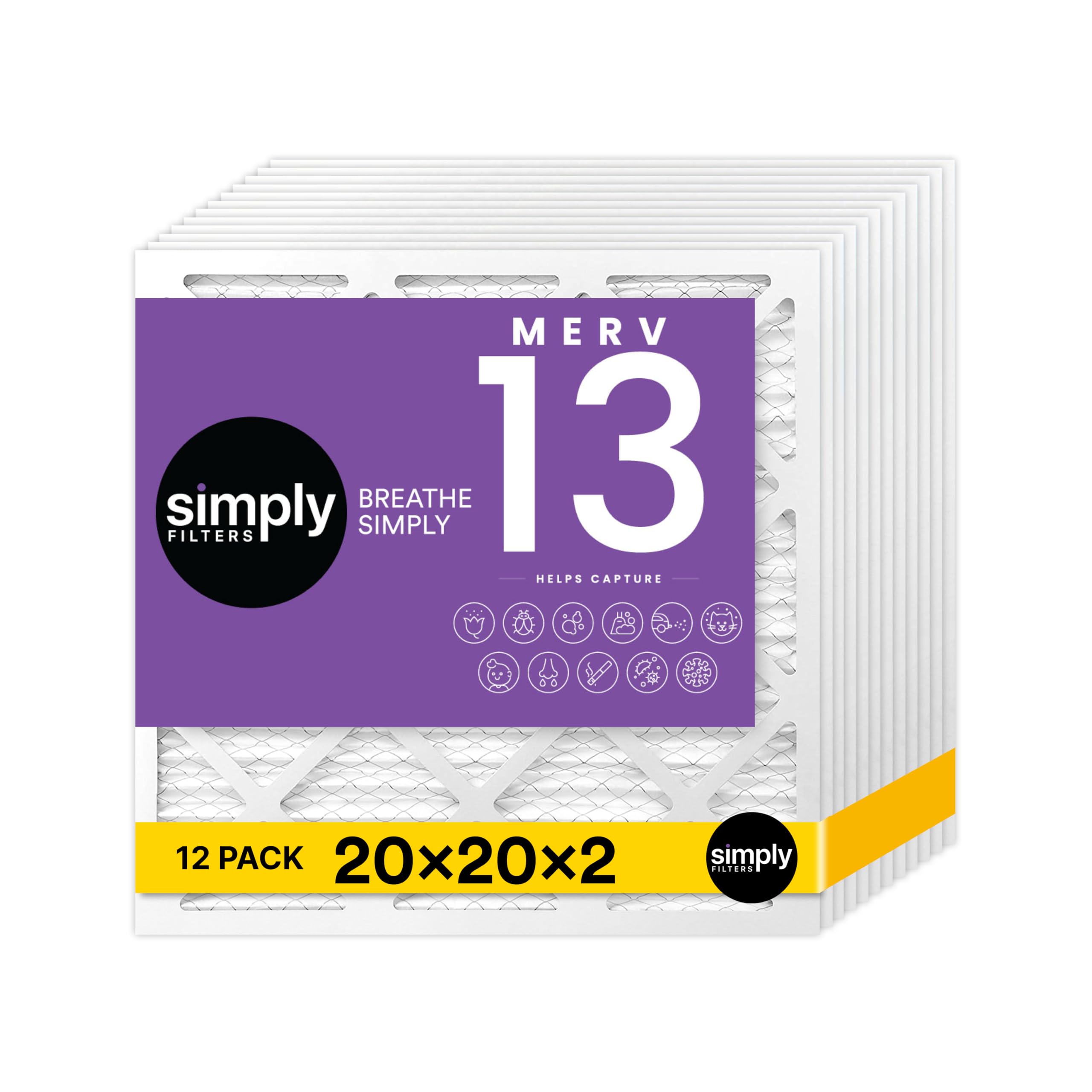 Simply 20x20x2 Air Filter, MERV 13, 12 Pack, Furnace Air Filter for HVAC (Actual Size: 19.5"x19.5"x1.75") DUST, Pet & Allergy Control