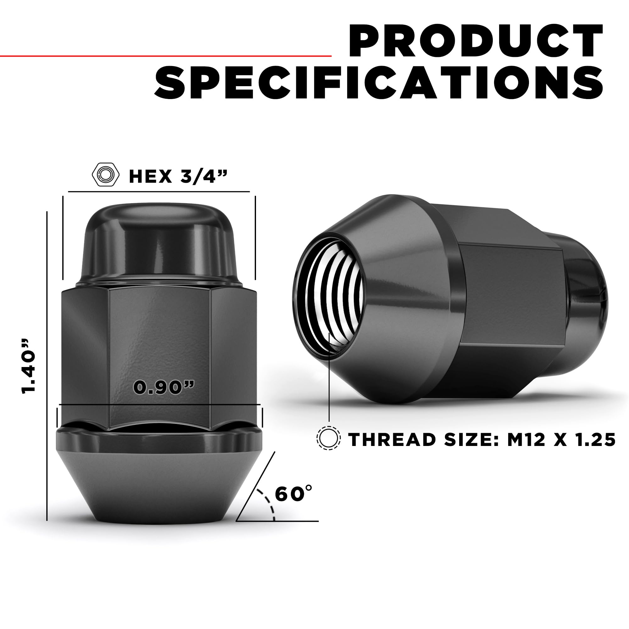 White Knight 1706SBK-4 Black M12x1.25 Bulge Acorn Lug Nut, 4 Pack - Image 2