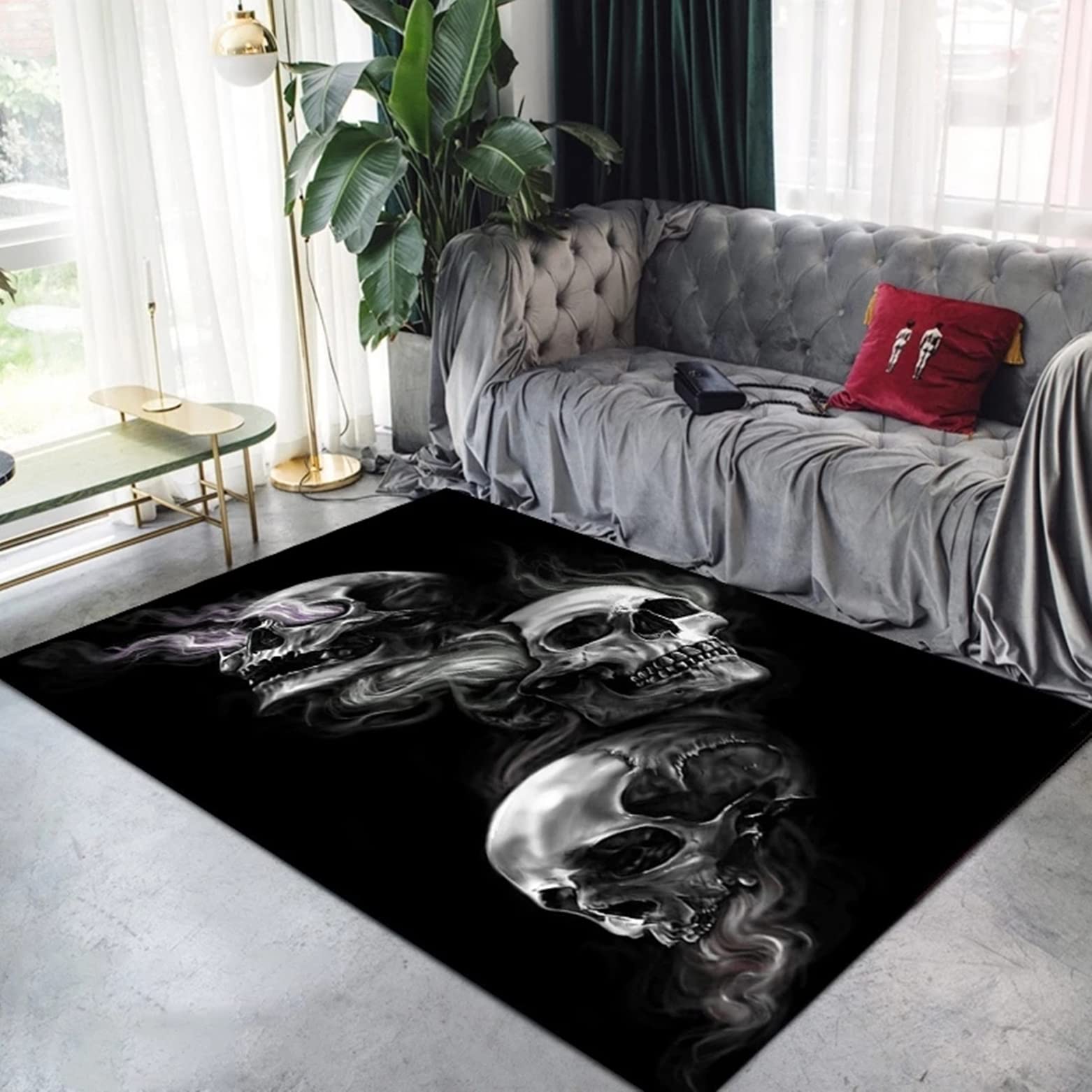 Xisnuient Men's Black/Grey Modern Smoke Skull Area Rug Gothic Style Bedroom Carpet Bedside Floor Mat Bathroom Floor Mat Large Living Room Carpet Decorative Doormat Kitchen Rug Mat (120X180 Cm)