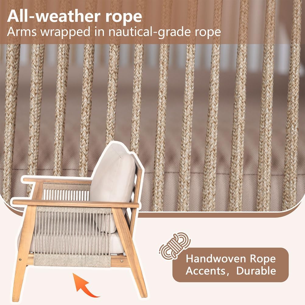 2 Piece Outdoor Patio Furniture Set, Acacia Wood Loveseat & Coffee Table Set with Rope Woven Backrest & Cushions for Backyard Balcony Deck Garden Conversation Seating