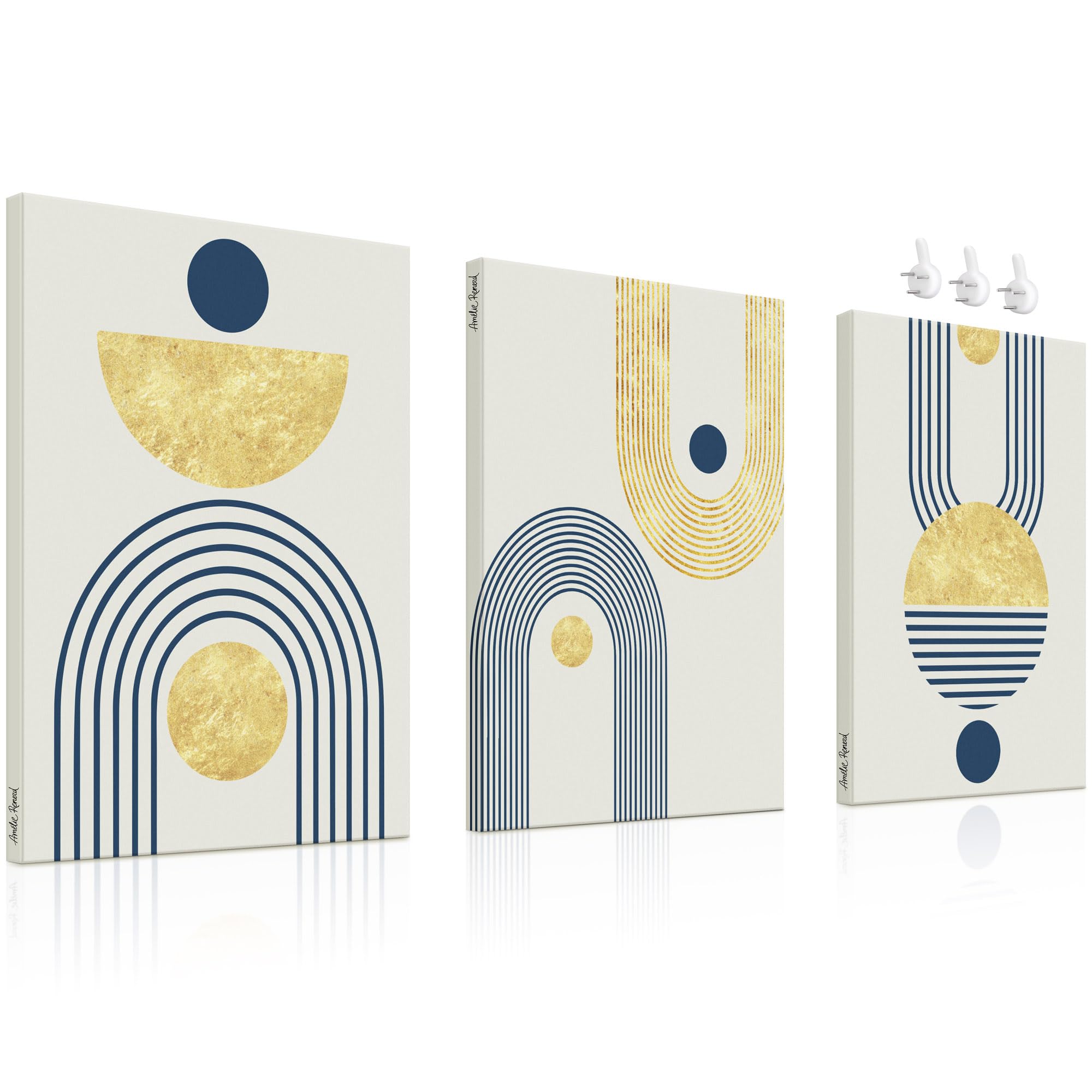Gold and Blue Boho Canvas Wall Art Set of 3, Framed Minimalist Neutral Geometric Line Canvas Artwork Paintings Set, Abstract wall art for office, Living Room, Bedroom, Bathroom 12"x16"