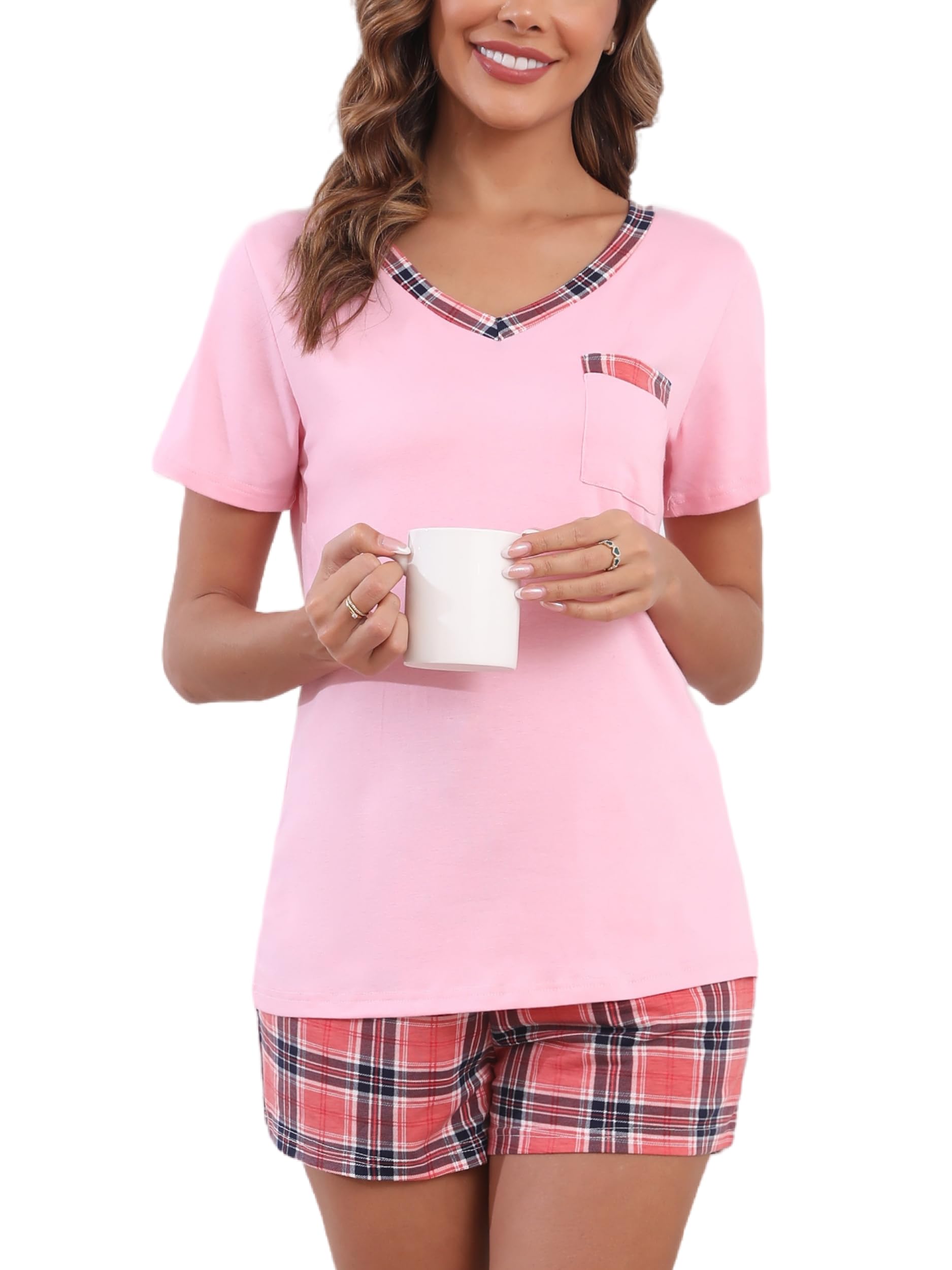 Yukiuiny Damen Schlafanzug Kurz Pyjama Set Baumwolle Sommer