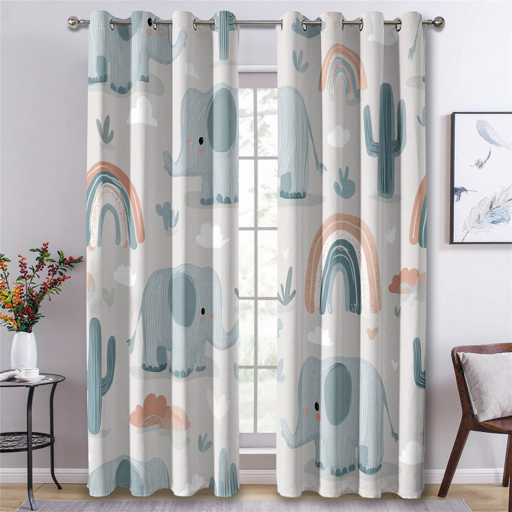 Cartoon Elephant Curtains for Bedroom, Boys Rainbow Cute Animal Blackout Curtains for Living Room, 54 Drop Eyelet Window Treatments Home Decor 46 X 54 Inch (W X L), 2 Panels X&-59
