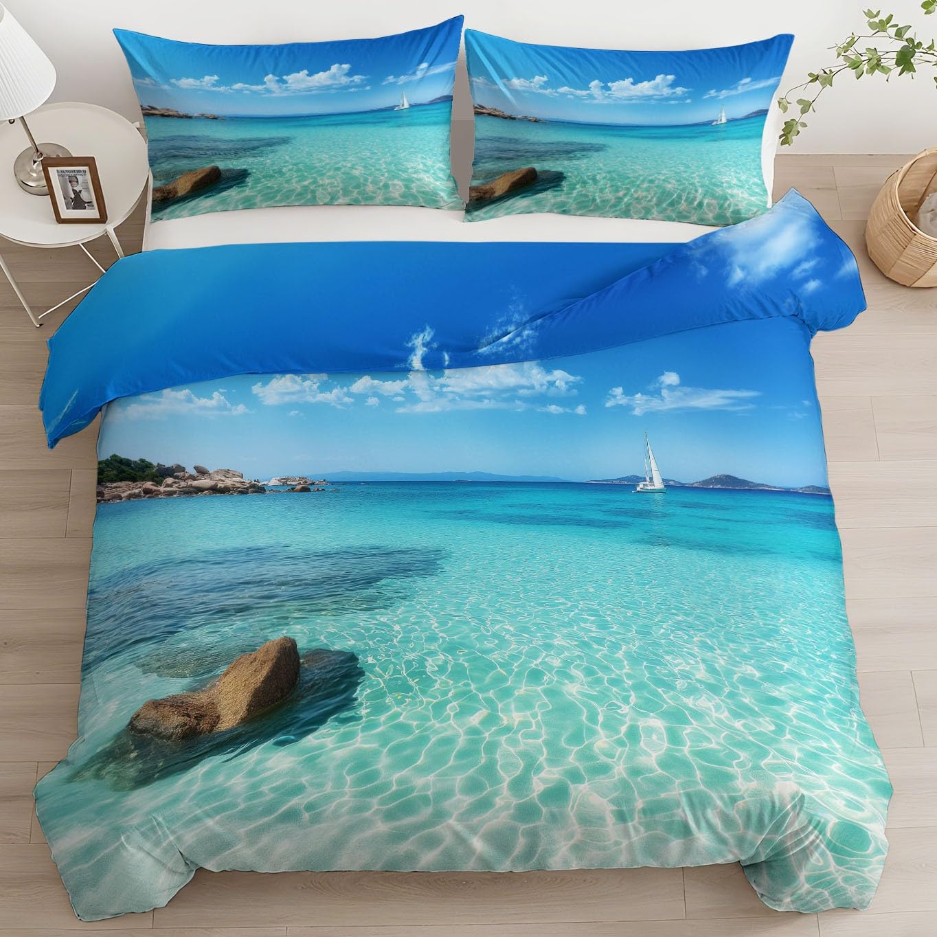 Doppelbett Türkis Meer Bettwäsche-Set 200 x 200 cm mit 2 Kopfkissenbezügen 80x80 cm, Mikrofaser Wendbares Muster- Kinder- und Babybettwäsche mit Reißverschluss