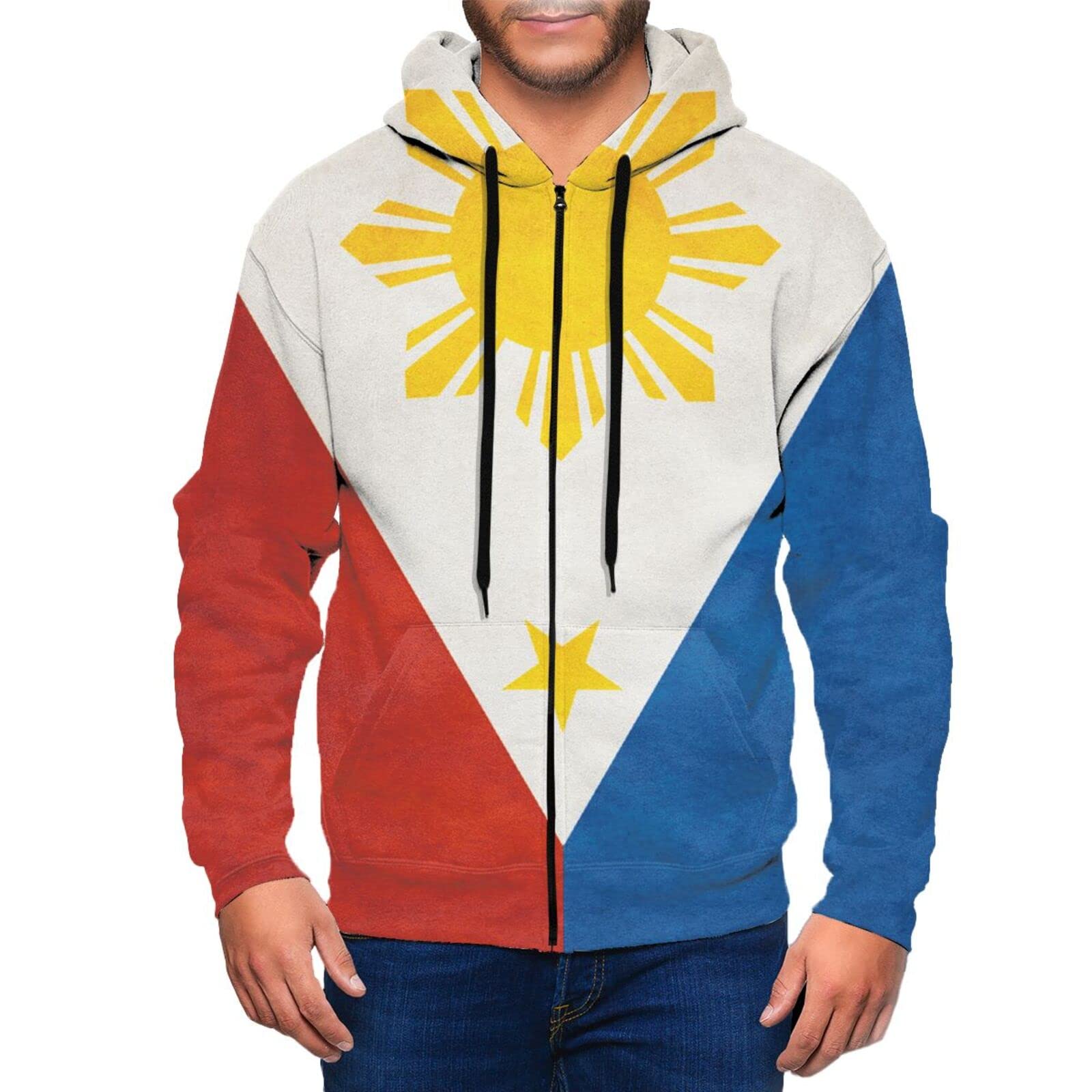 DJNGN Flag of the Philippines Men's Hoodie Full-Zip Pullover Sweatshirts with Pocket Jacket