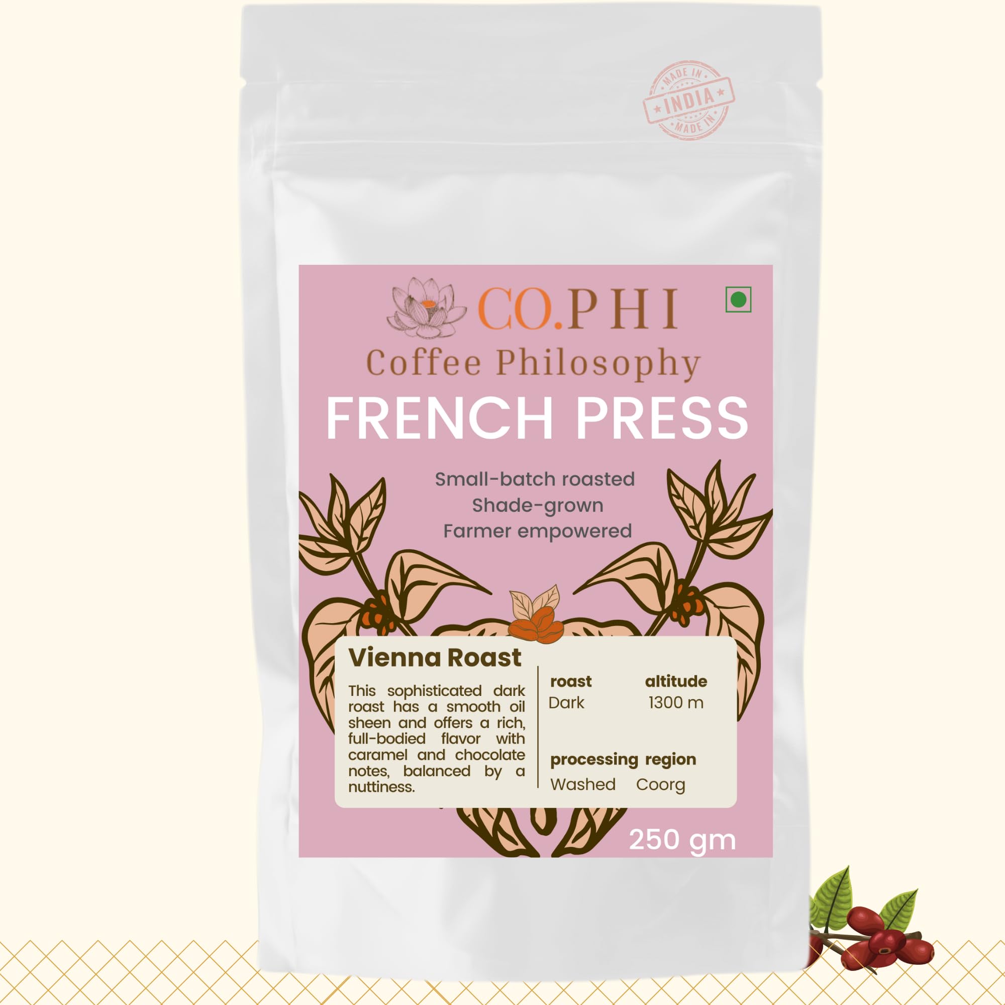 COPHI Coffee Philosophy Vienna Roast (250g) French Press Coffee Powder, Dark Roast, Arabica Robusta Marbled Blend, Specialty Coorg Ground Coffee, Washed Process, No Chichory, Makes 15 Cups