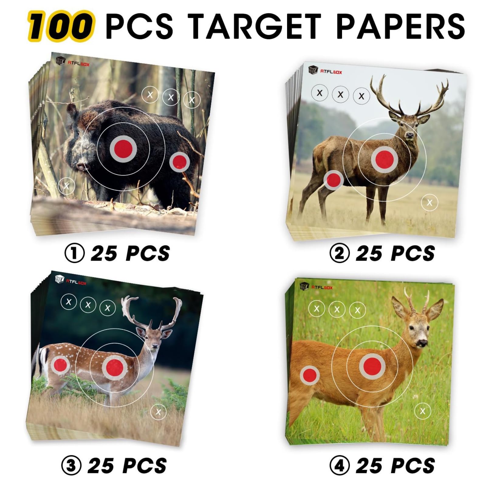 Atflbox 100Pack Four Different Animal Target Papers, 11.5 inch High Visibility Paper Range Shooting Targets, Shooting Paper Targets for Hunting, Handguns, Pistol, Airsoft, BB Gun, Air Rifle