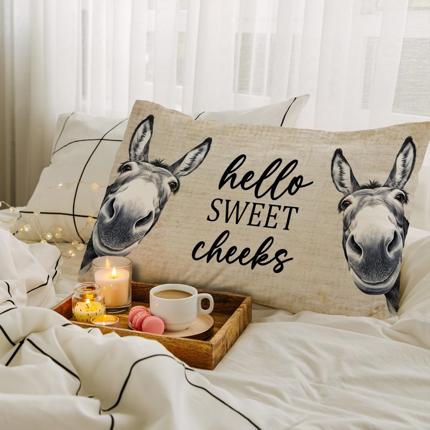 JINYO Hello Sweet Cheeks Funny Donkey Pillow Cover 12x20, Donkey Decor, Vintage Farmhouse Farm Animal Lumbar Pillow Cover for Home Kids Room Living Room Bedroom Nursery image 3