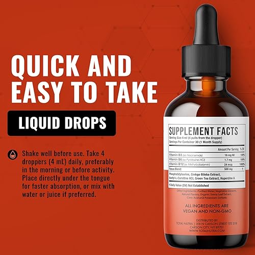 Miniatura 6 de Gotas de vitamina B extra fuertes, vitaminas B B12, B6, B3, veganas y sin OMG, energía instantánea, enfoque y metabolismo con té verde, carnitina y
