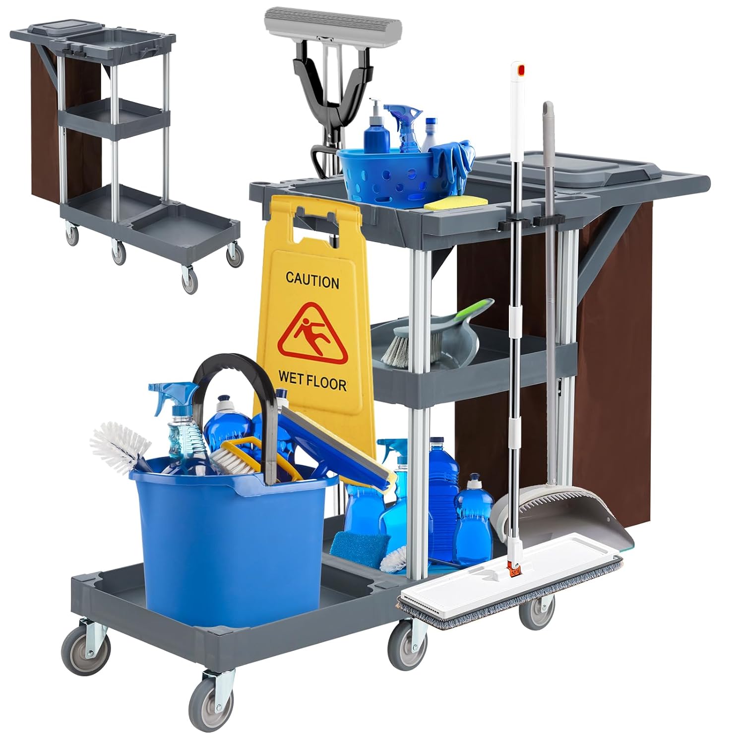 3 Shelf Commercial Janitorial Carts on Wheels-Cleaning Trolley Cart with Cover and Vinyl Bag, Professional Housekeeping Cart for Business/School/Office/Janatorial Cleaning