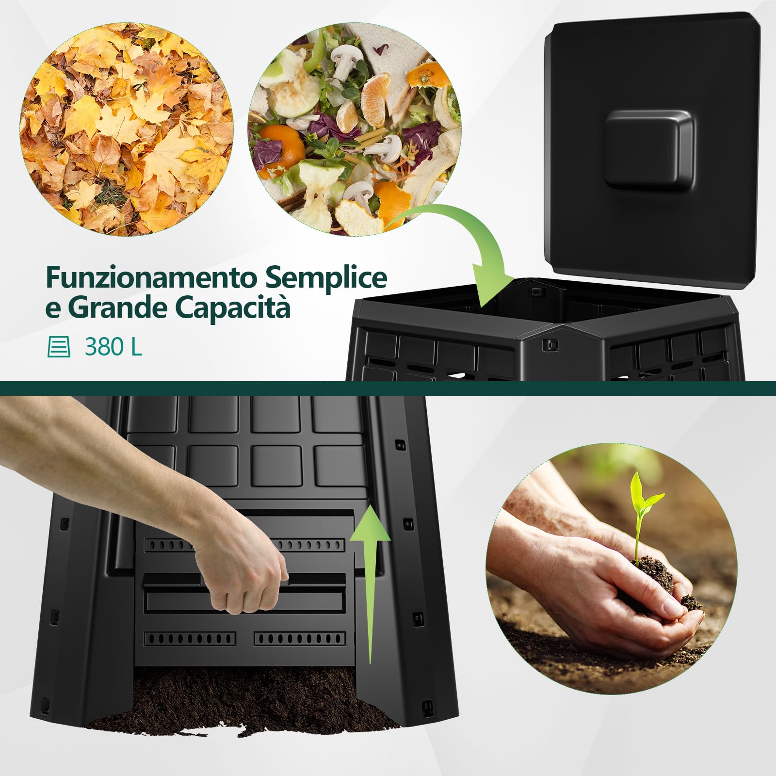 COSTWAY Compostiera da Giardino da 380L, Bidone per Compostaggio da Esterno con Coperchio e Prese d'Aria Regolabili, Barile per Compost per Creare Terreno Fertile Velocemente