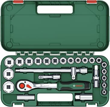 Bosch 1/2 inç cırcır, 25 parçalı set (güçlü mandal; 768 Nm'ye kadar yüksek tork; kilitleme düğmesi; sezgisel yön değişimi; kavisli boyun; ergonomik yumuşak sap; 24 aksesuar; çanta)