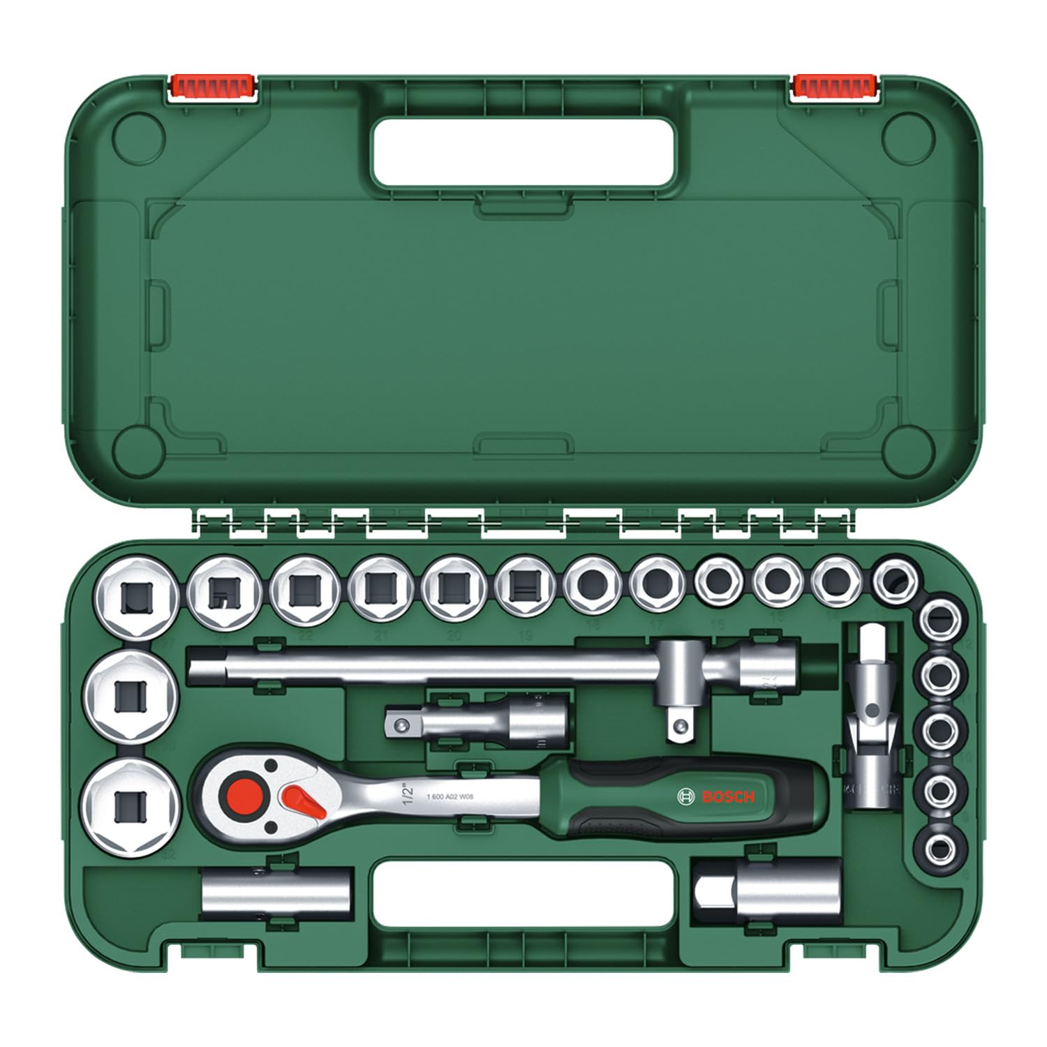 Bosch Set 25 clés à cliquet 1/2" (cliquet puissant 1/2" pour bricolage ; couple jusq. 768 Nm ; bouton verrouill; inverseur ; manche courbé ; Softgrip ; coffret transport)