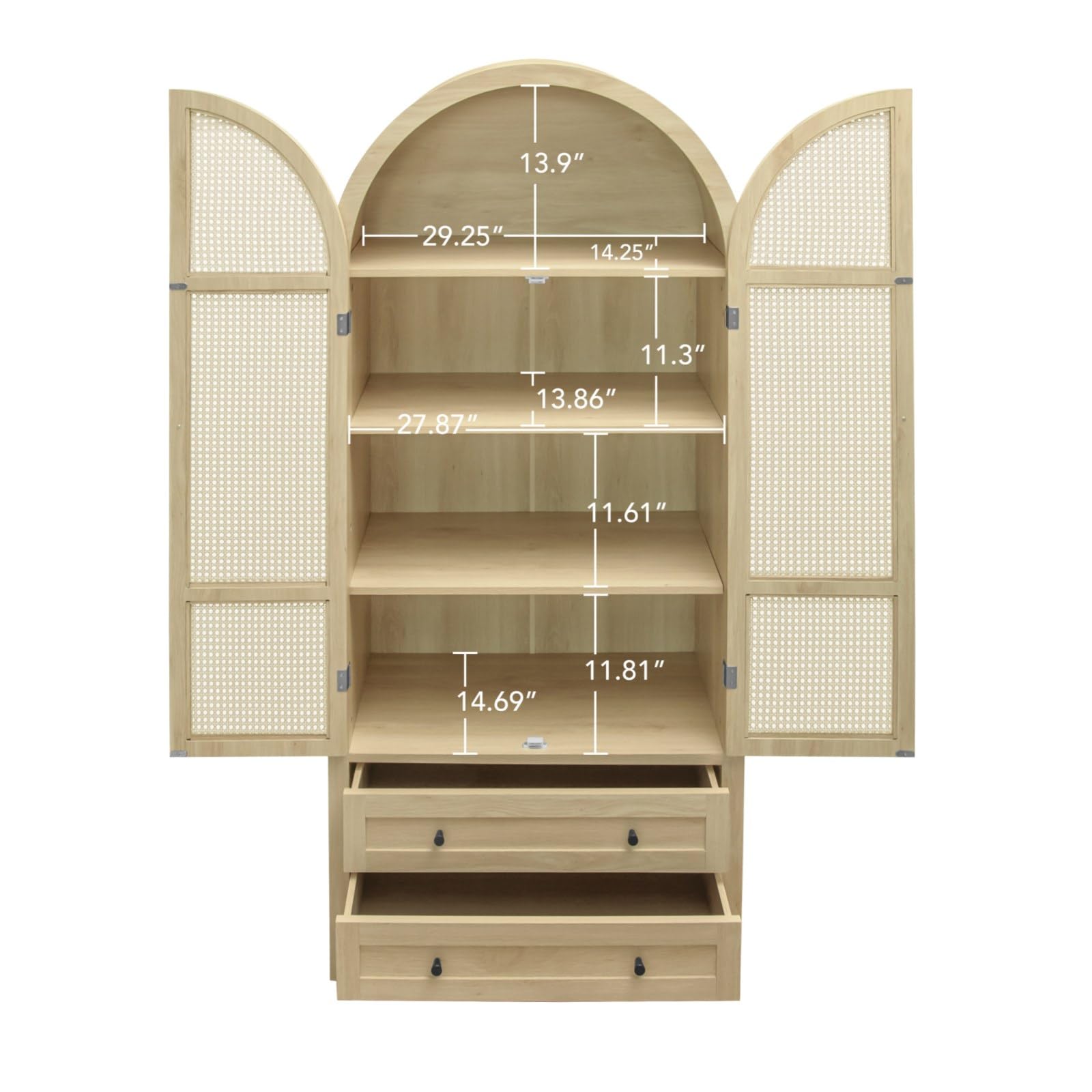 PUGSDRLY Buffet Haut Salon avec 2 Portes en rotin tressé et 2 Tiroirs,Vitrine,Buffet Salle a Manger en Forme d'arc,Meuble de Cuisine Rangement,Armoire de Rangement en Bois,79x39.5x178cm (Style-B)