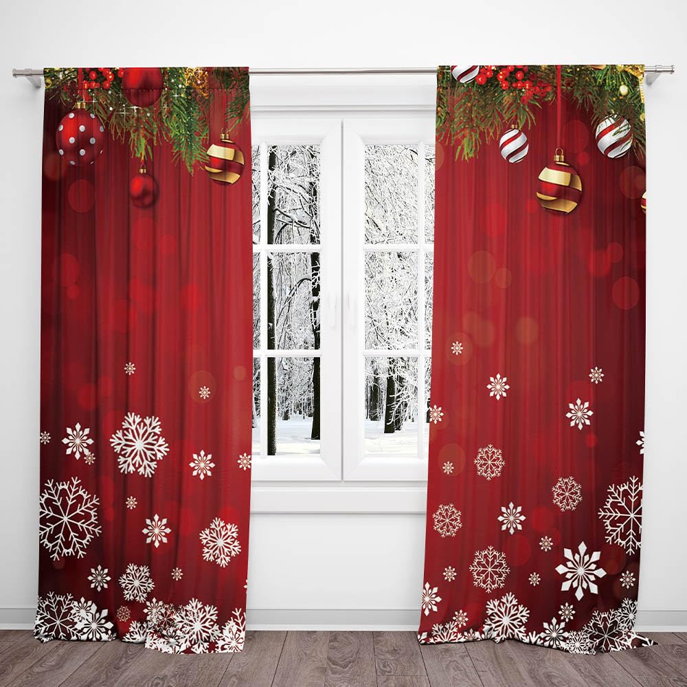 82x84 Inches Christmas Snowflake Window Curtains Xmas Ornaments Coniferous Pine Tree Tinsel Theme Bedroom Living Room Decorative Curtains Drapes 2 Panel