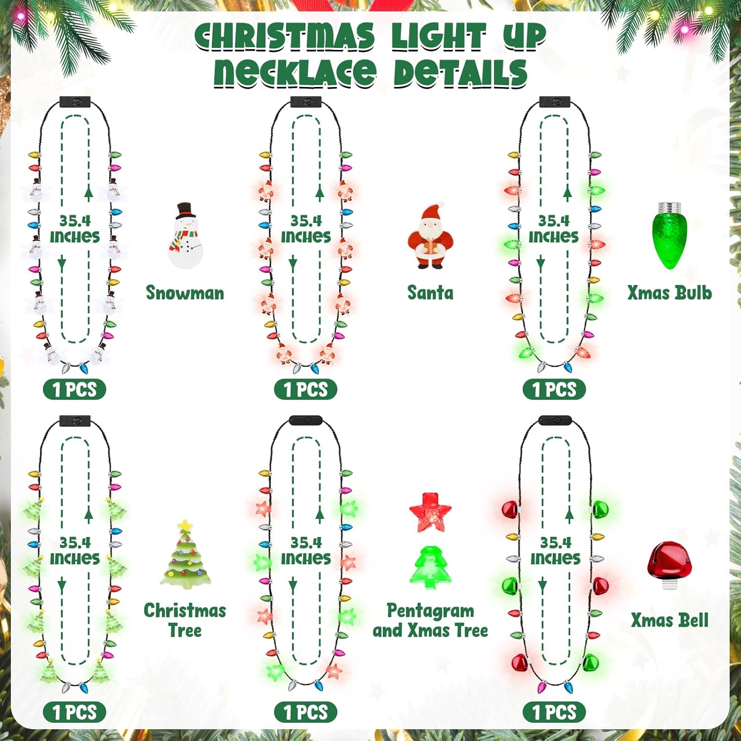 6 PCS Christmas Light Necklace, 6 Styles Colorful LED Christmas Lights, 8 Bulbs Light Up Christmas Necklace with 3 Flash Modes, Ugly Sweater Lights for Xmas New Year Party Favor Supplies Accessories - Image 4