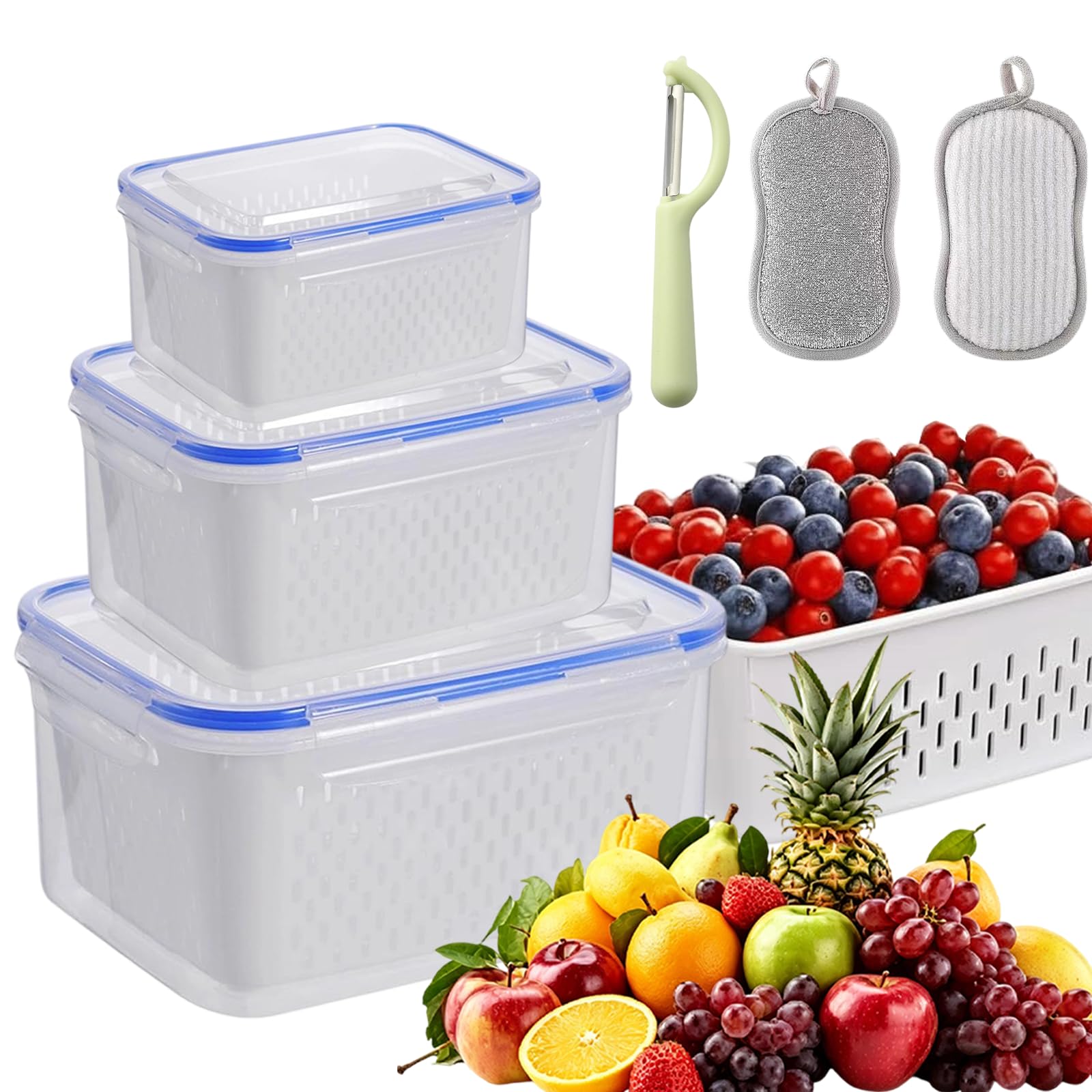 Jmwub Fruit Storage Containers for Fridge with Removable Colander, 4-in-1 Food Storage Containers, Stackable Refrigerator Organizer for Fruit Vegetables Meat, Keeping Food Fresh Longer (Blue,M)